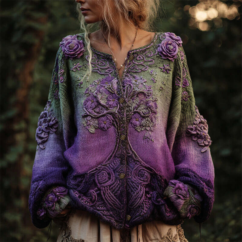 Purple Floral Tree Of Life Crochet Embroidered Gradient Cozy Cardigan