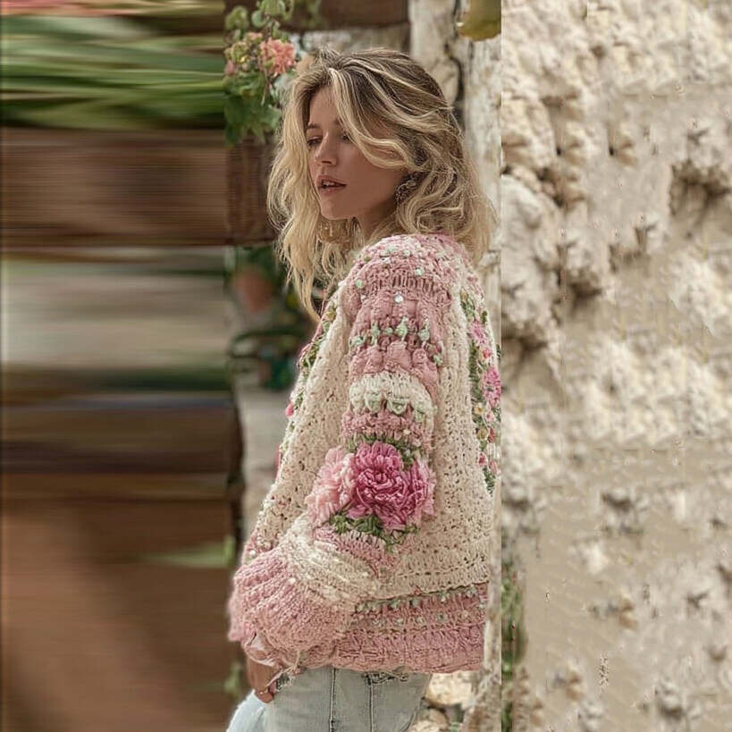 Women's Boho Colorblock Rose Granny Check Chunky Knit Cardigan Sweater