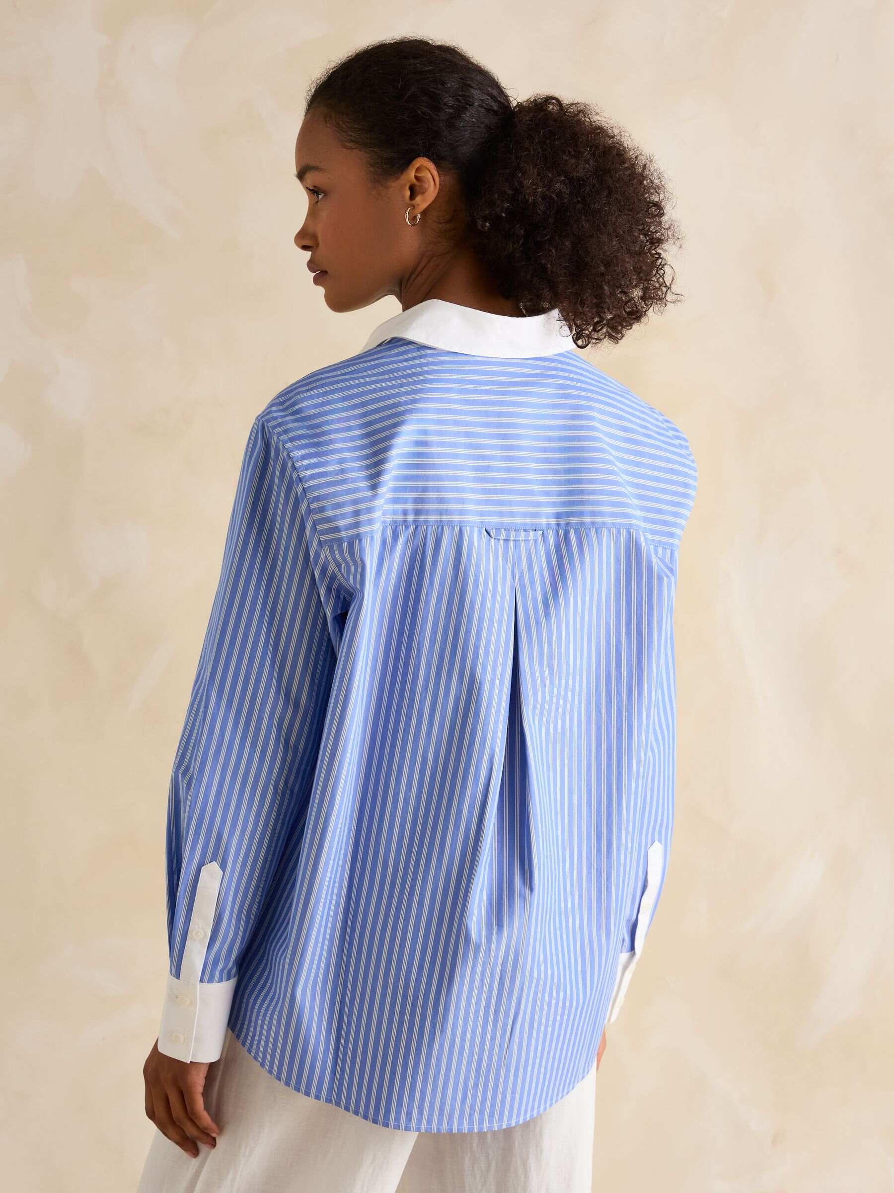 Amilla Blue & White Embroidery Longline Relaxed Fit Shirt