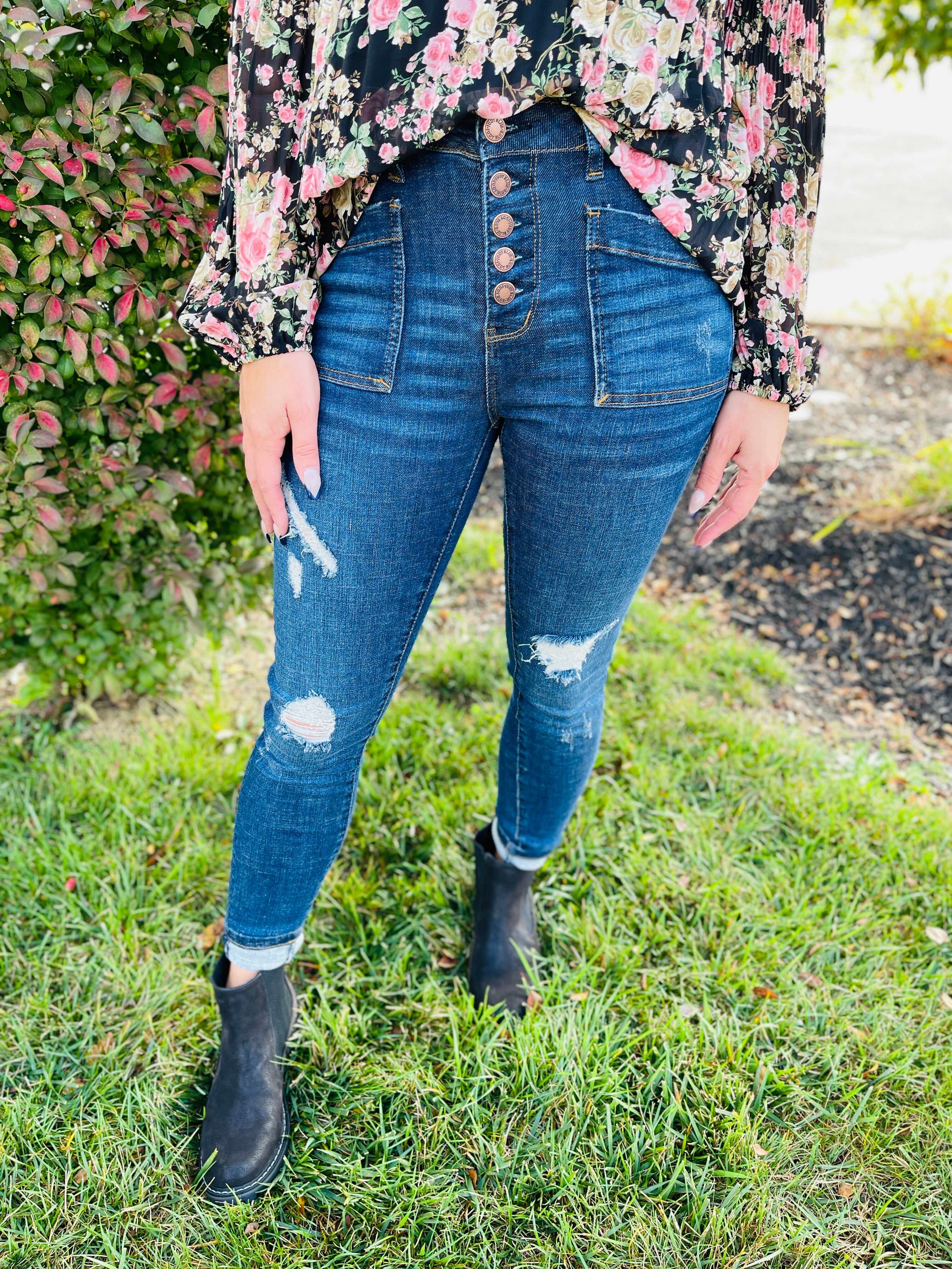 RESTOCK! Plus/Reg My Goodies Button Fly Patch Pocket Skinny Jean