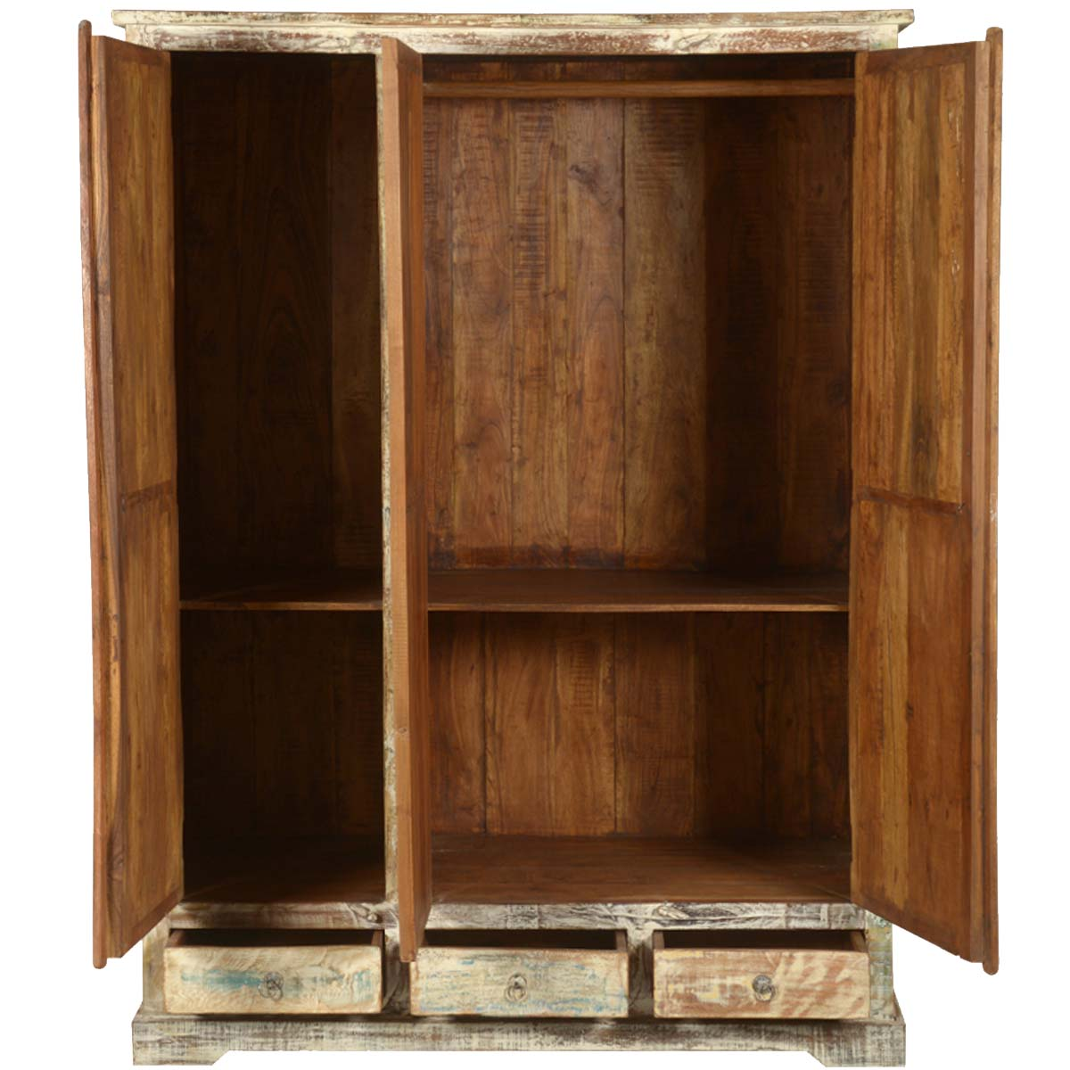 White Distressed Washed Solid Wood Large Wardrobe Armoire w Drawer