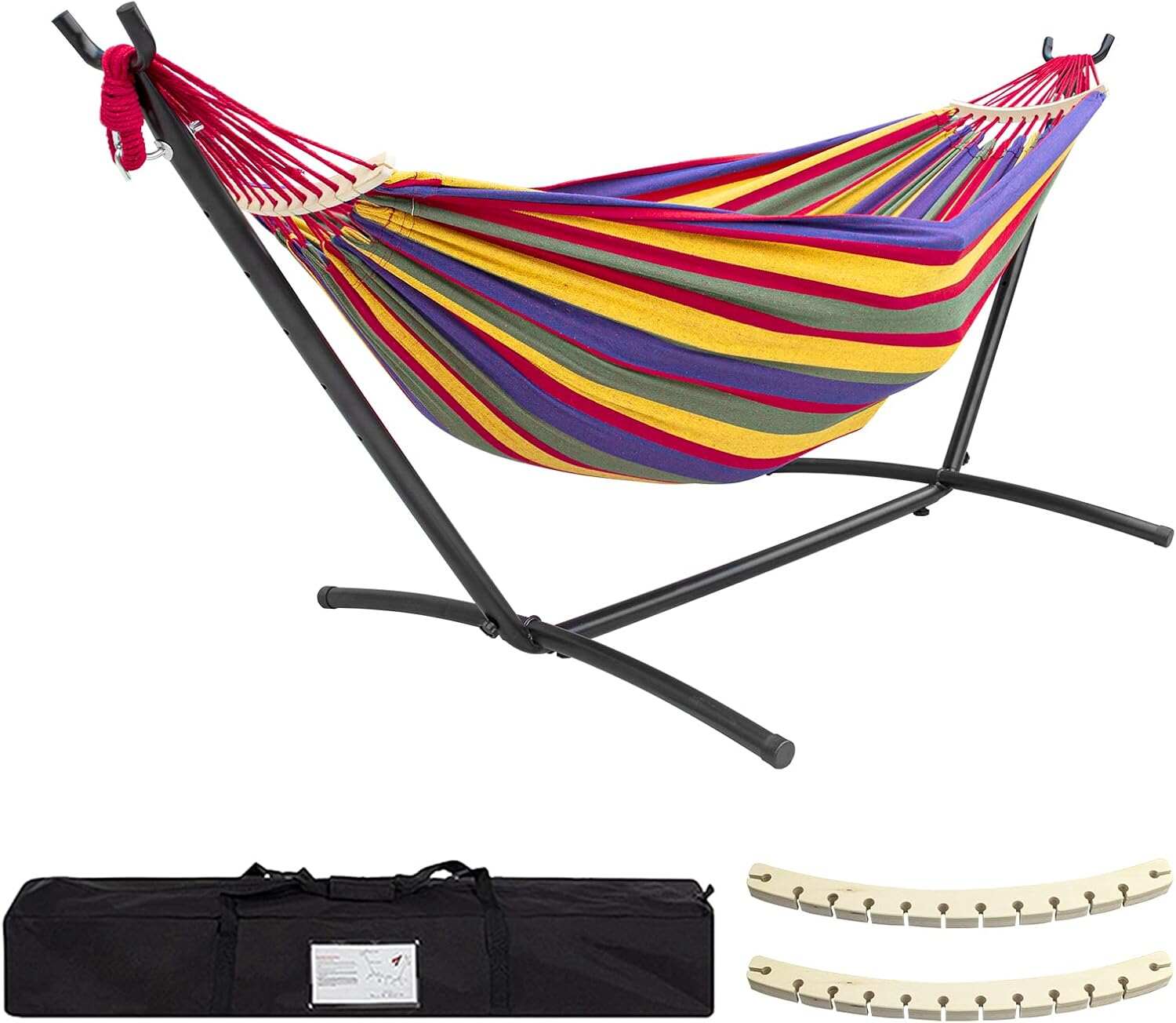 Double Hammock with Stand Included 450lb Capacity Steel Stand, Premium Carry Bag Included and Two Anti Roll Balance Beam, Portable Hammock with Stand for Backyard, Camping,Garden Brown Stripes