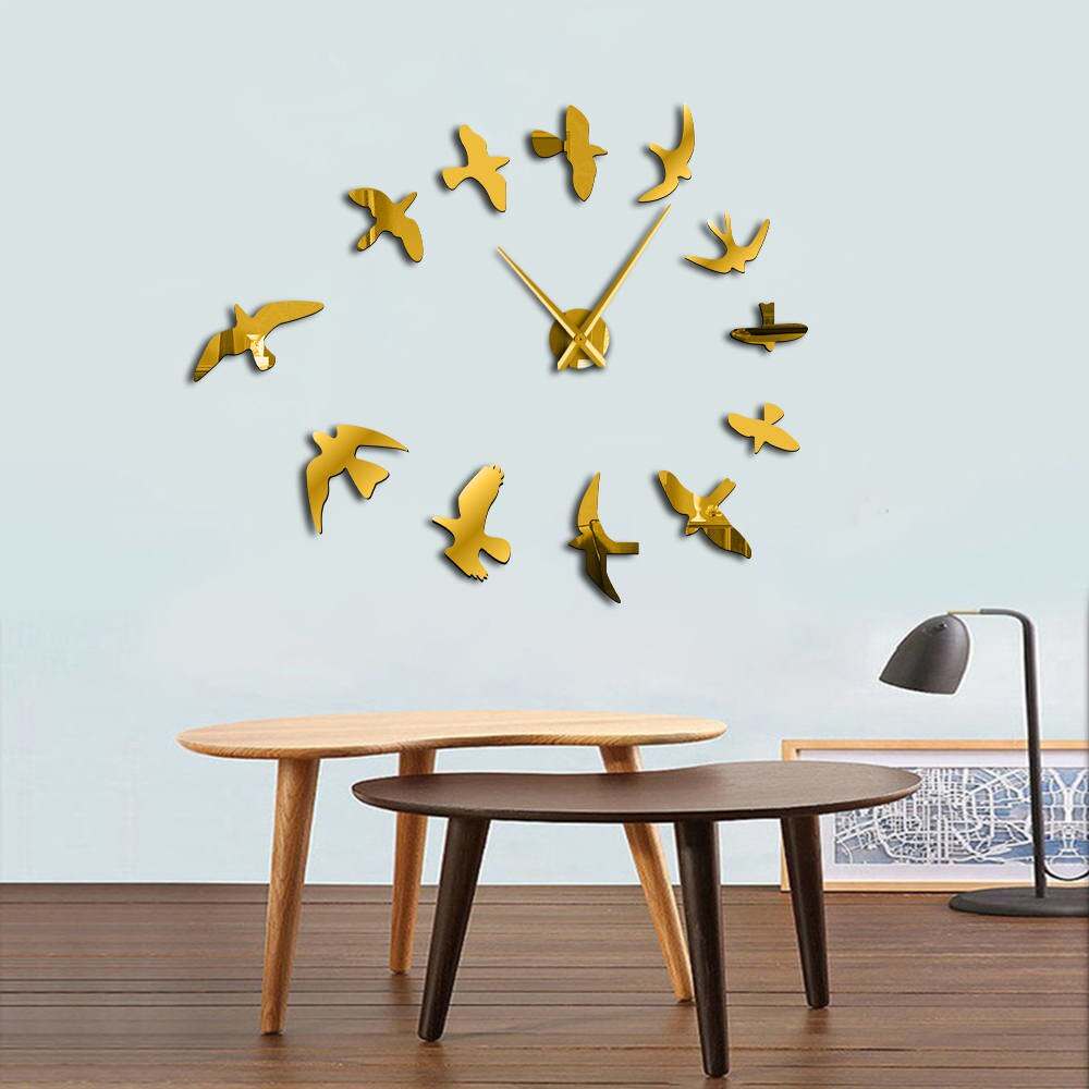 Decorative Mirror Wall Clock Flying Birds Wall Clock Modern Design Luxury Frameless DIY Large Clock