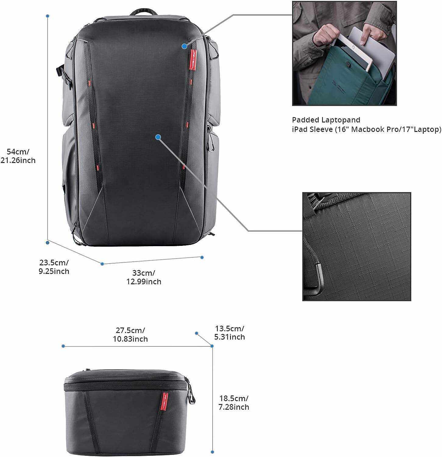 PGYTECH OneMo 2 35L-45L Camera Backpack with Shoulder Bag for 17“ Laptop for Photographers, Waterproof DSLR Backpack for Canon/Nikon/Sony, Drone Backpack for DJI Mini 3 Pro/Mavic 3/ FPV, Black