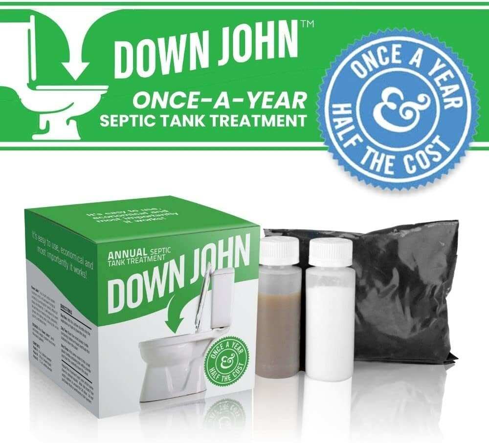Down John (Once-A-Year) Septic Tank Treatment | 1 Year Supply | 3-Part Concentrate Live Bacteria, Carbon & Enzyme Treatment | Odor Neutralizer | Cleans Septic Lines & Improves Drain Field Absorption