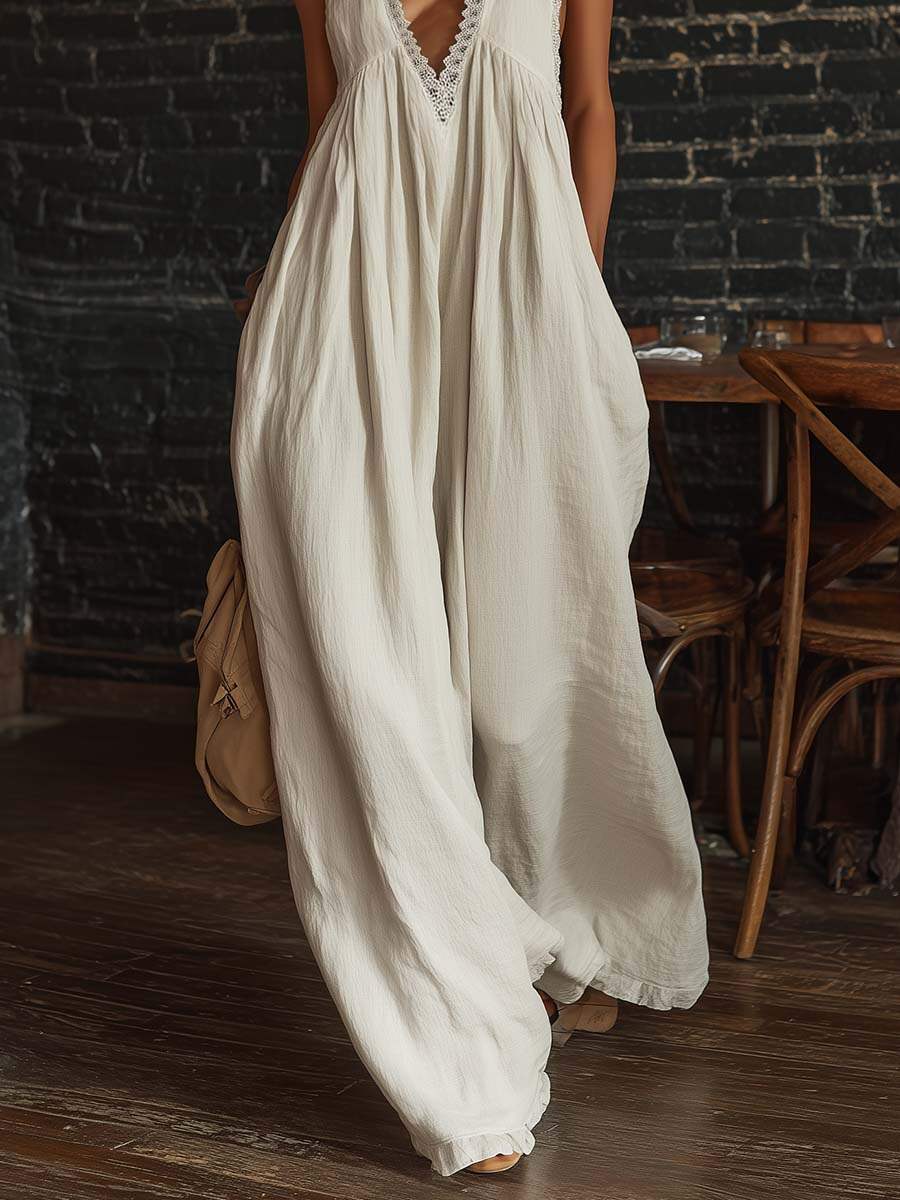 Retro Urban Bohemian V-neck Lace Trim Sleeveless Off-white Cotton Jumpsuit