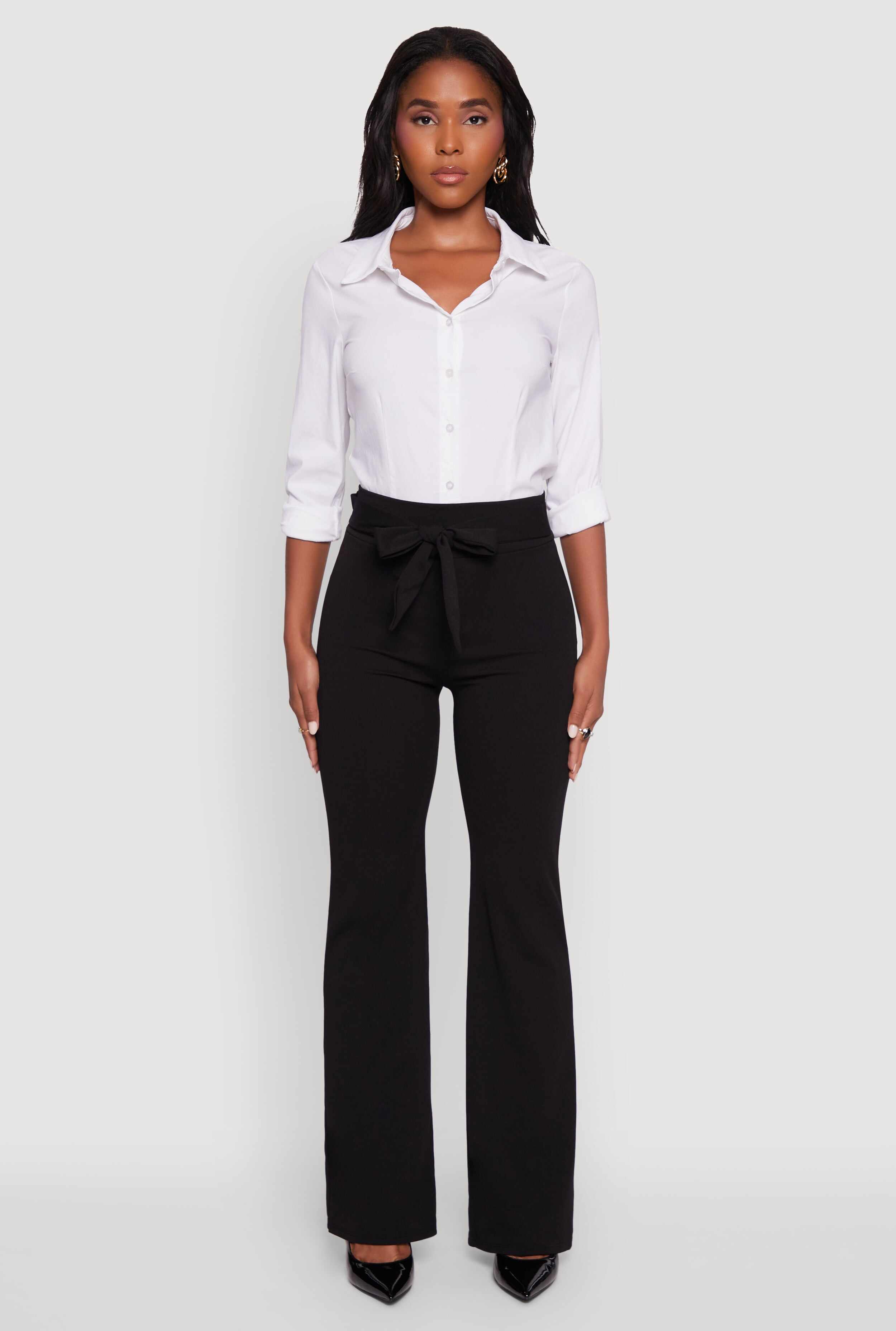 High Waisted Crepe Knit Tie Front Dress Pants