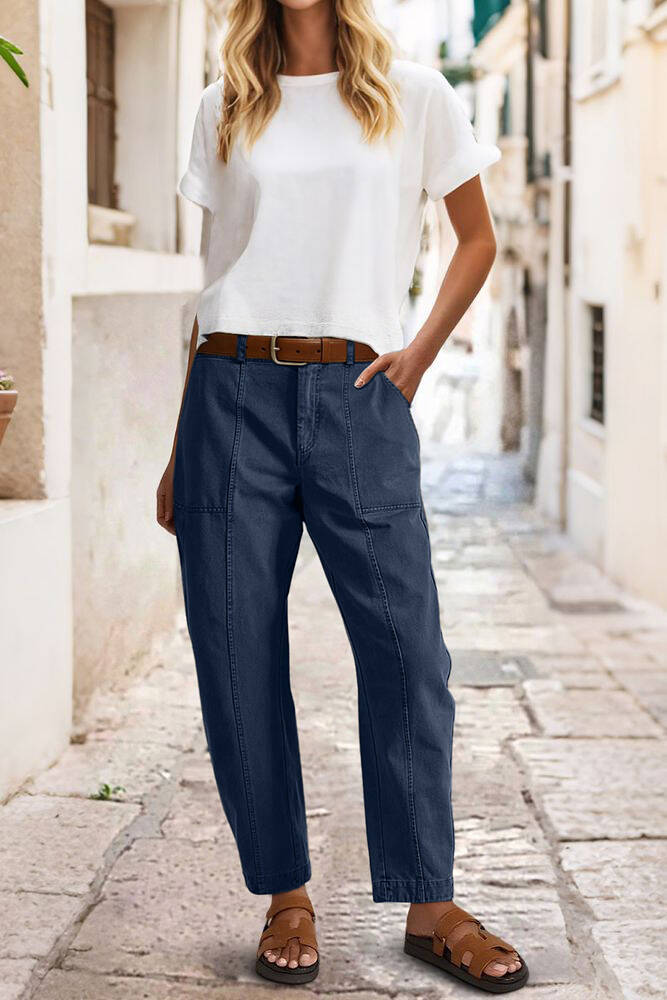 🔥 Last Day For Clearance！ !10 packs only $32!Solid Stitch Detail Mid Waist Barrel Leg Pants Without Belt