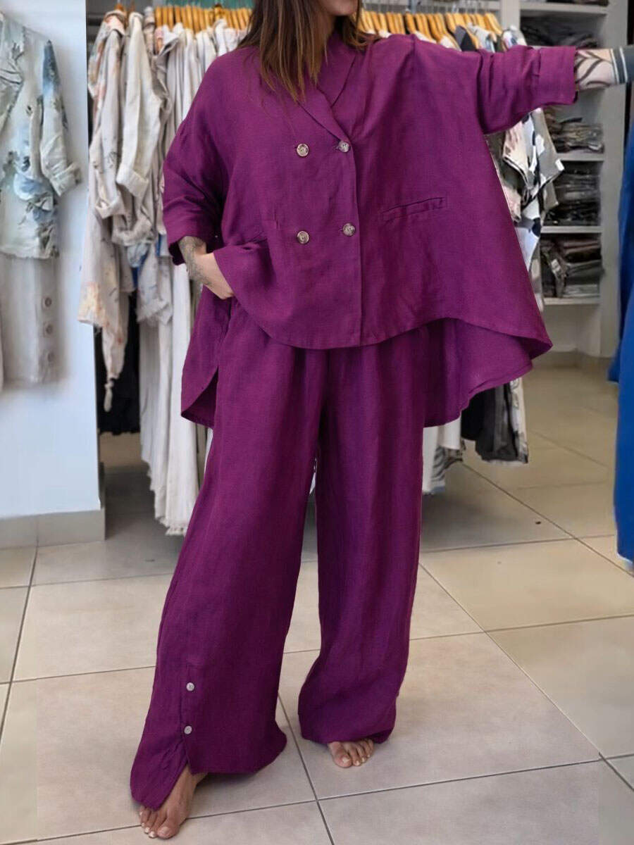 🔥Summer Arrivals🌟Women's Solid Color Lapel Long-sleeved Casual Loose Cotton And Linen Top And High-waisted Casual Loose Wide-leg Cotton And Linen Pants Set.
