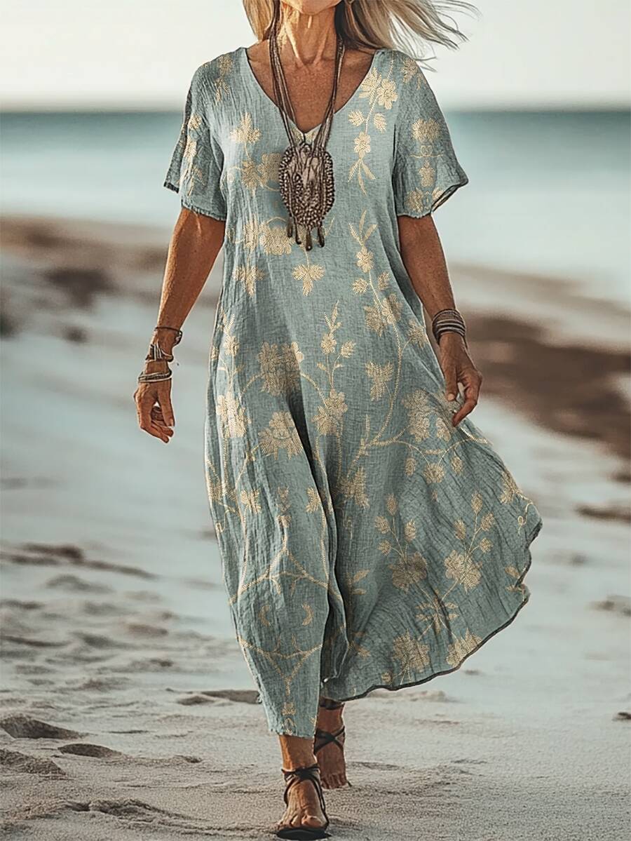 Women's Simple Flower Art Print V Neck Pocket Cotton Dress