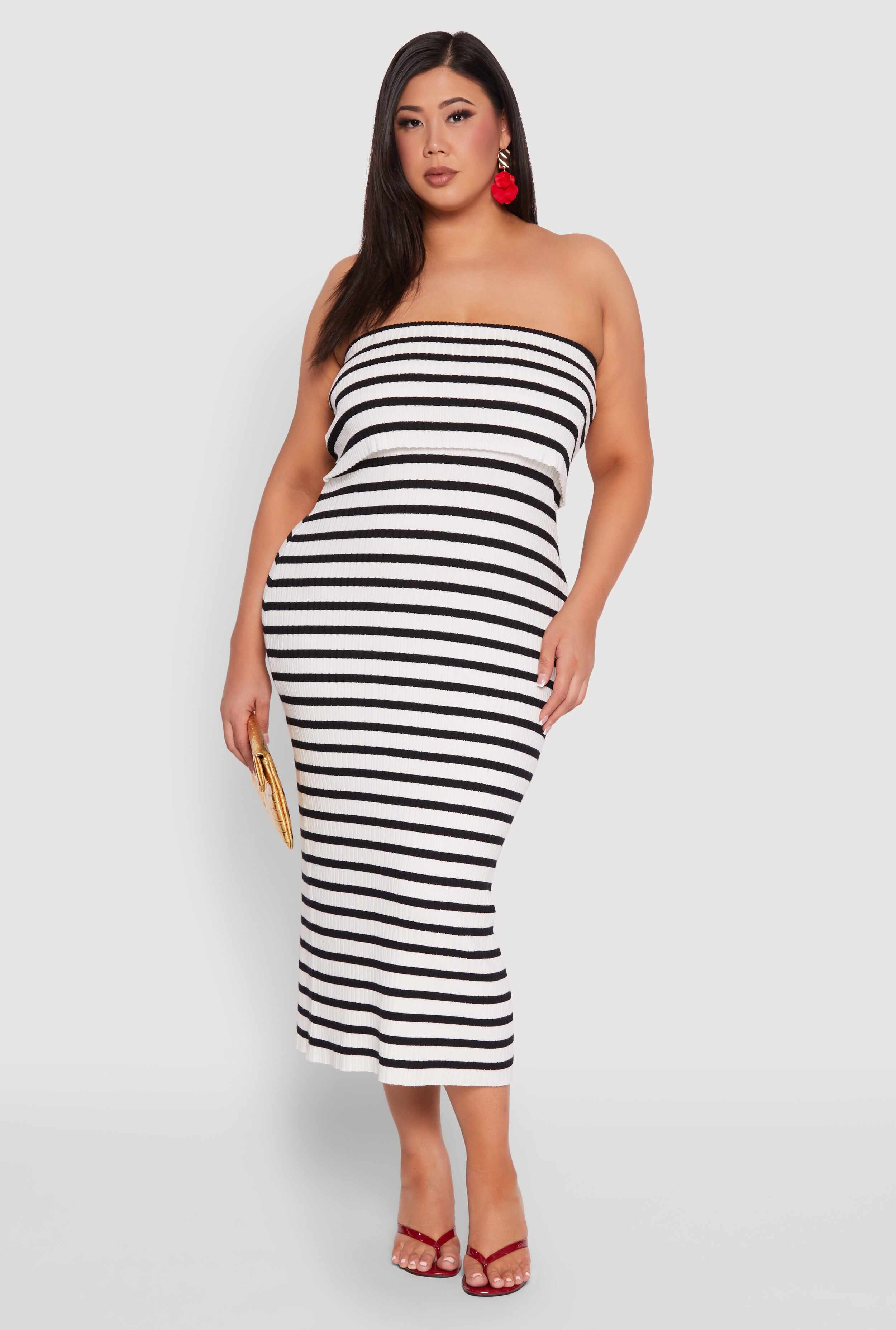 Plus Size Striped Rib Knit Overlay Sweater Dress
