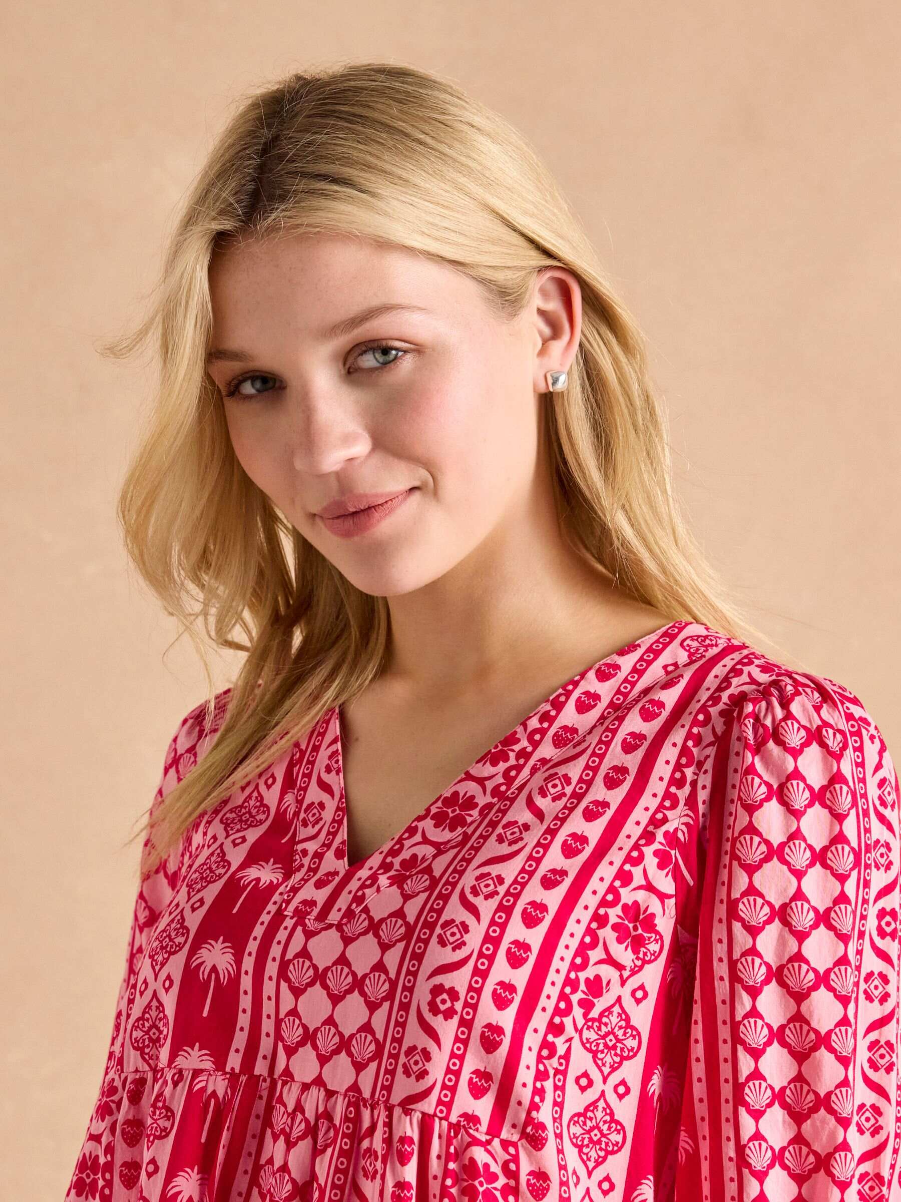 Alessia Pink Cotton V-Neck 3/4 Length Sleeve Tiered Dress