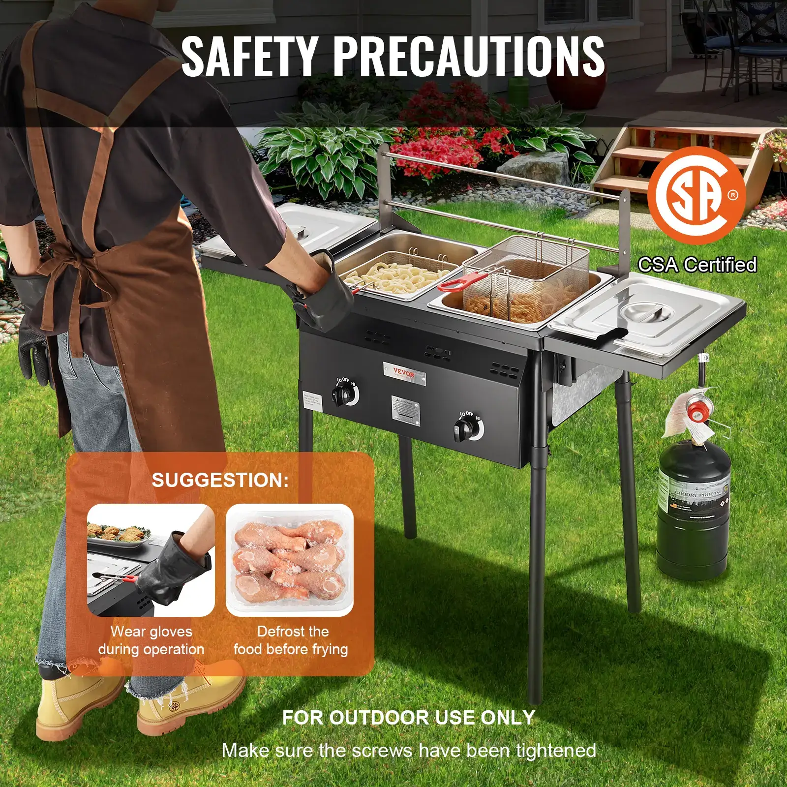 Outdoor Propane Deep Fryer Double Burners Commercial Fryer16 Qt Stainless Steel Cooker with Removable Baskets & Lids & TanksOil Fryer Cart with Thermometer & RegulatorFor Outdoor Cooking