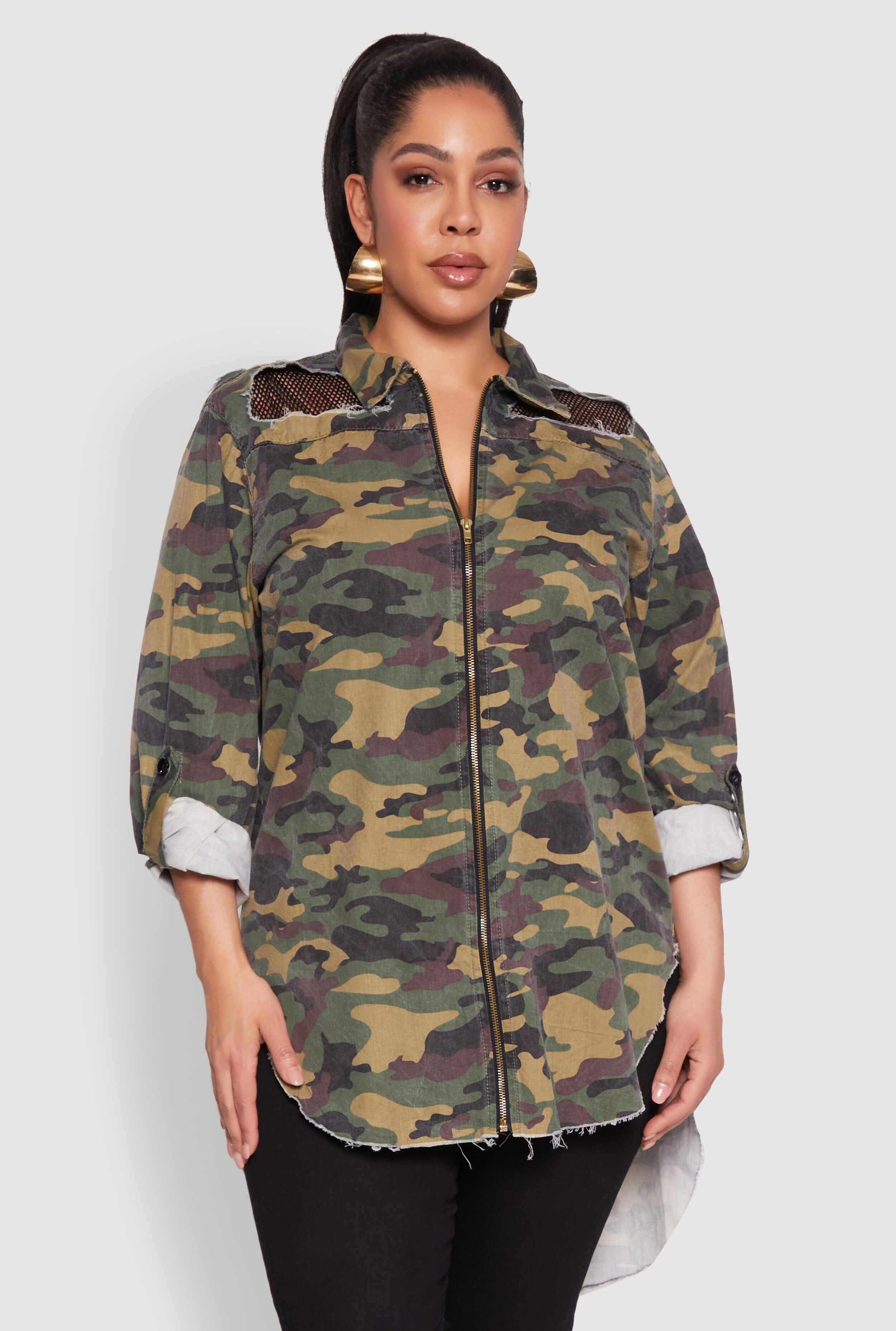 Plus Size Denim High Low Camo Top