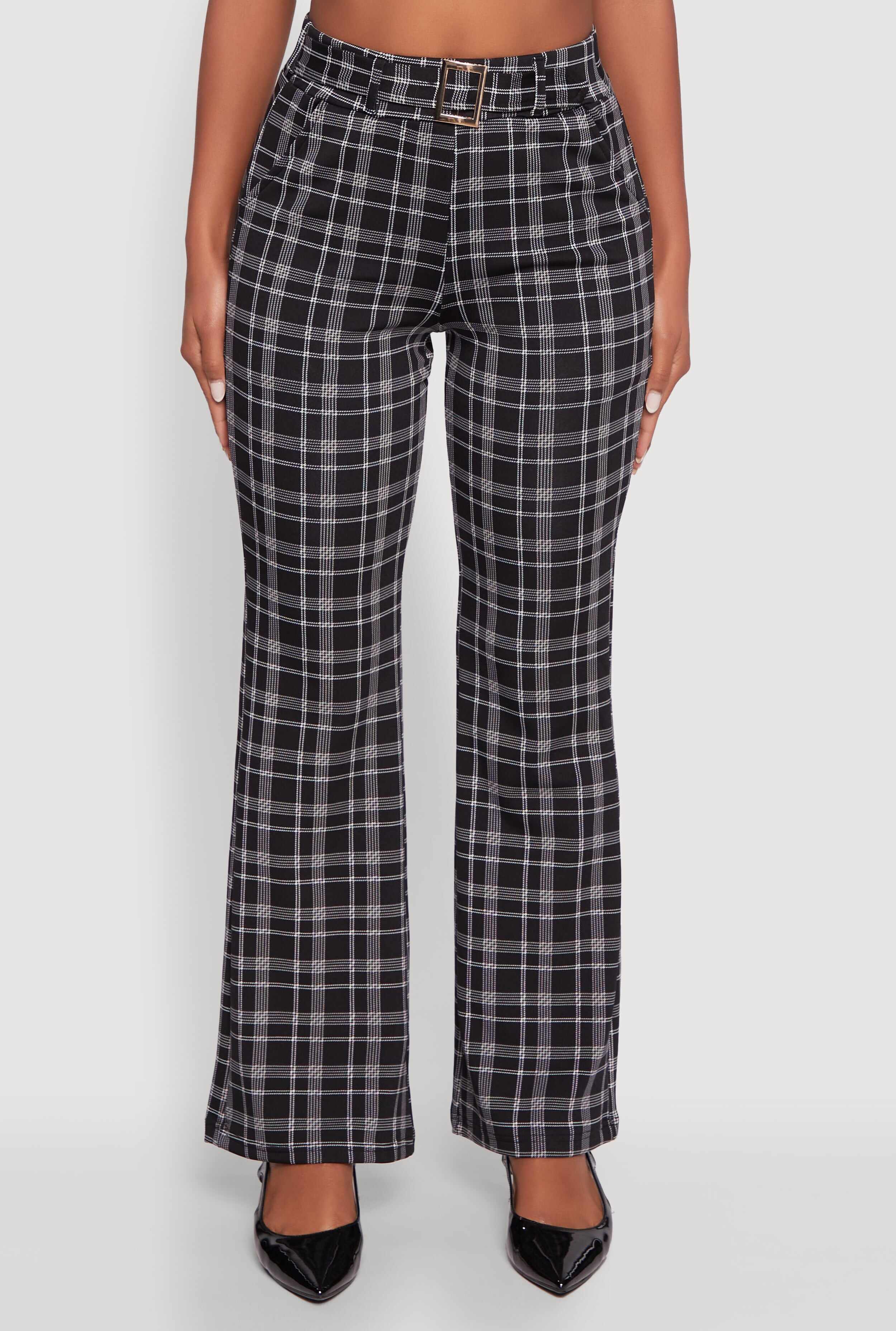 Plaid Belted Front Stretch Flare Pants