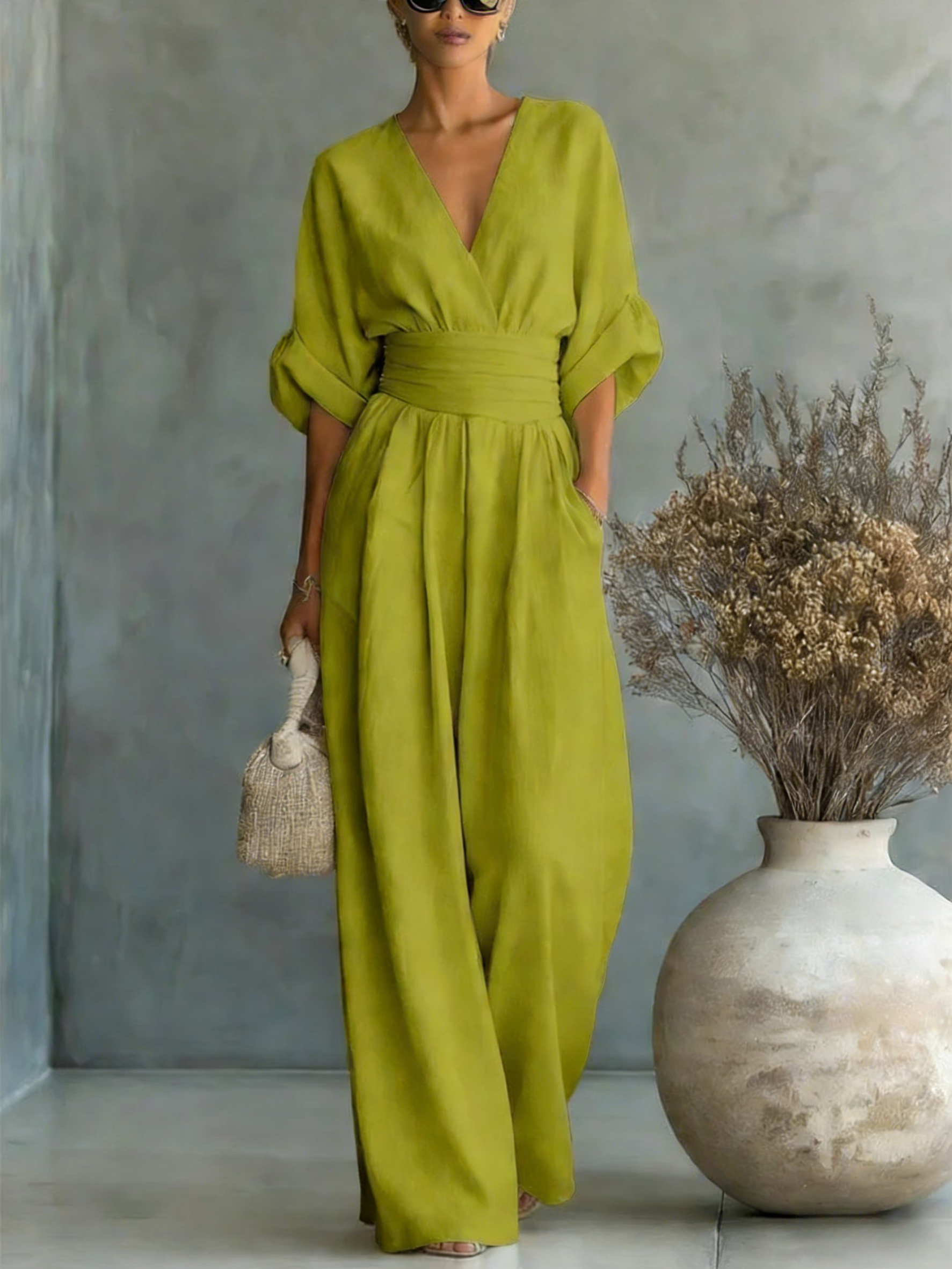 🔥Summer Arrivals🌟Elegant Vacation Casual Fashion V-neck Waist Jumpsuit