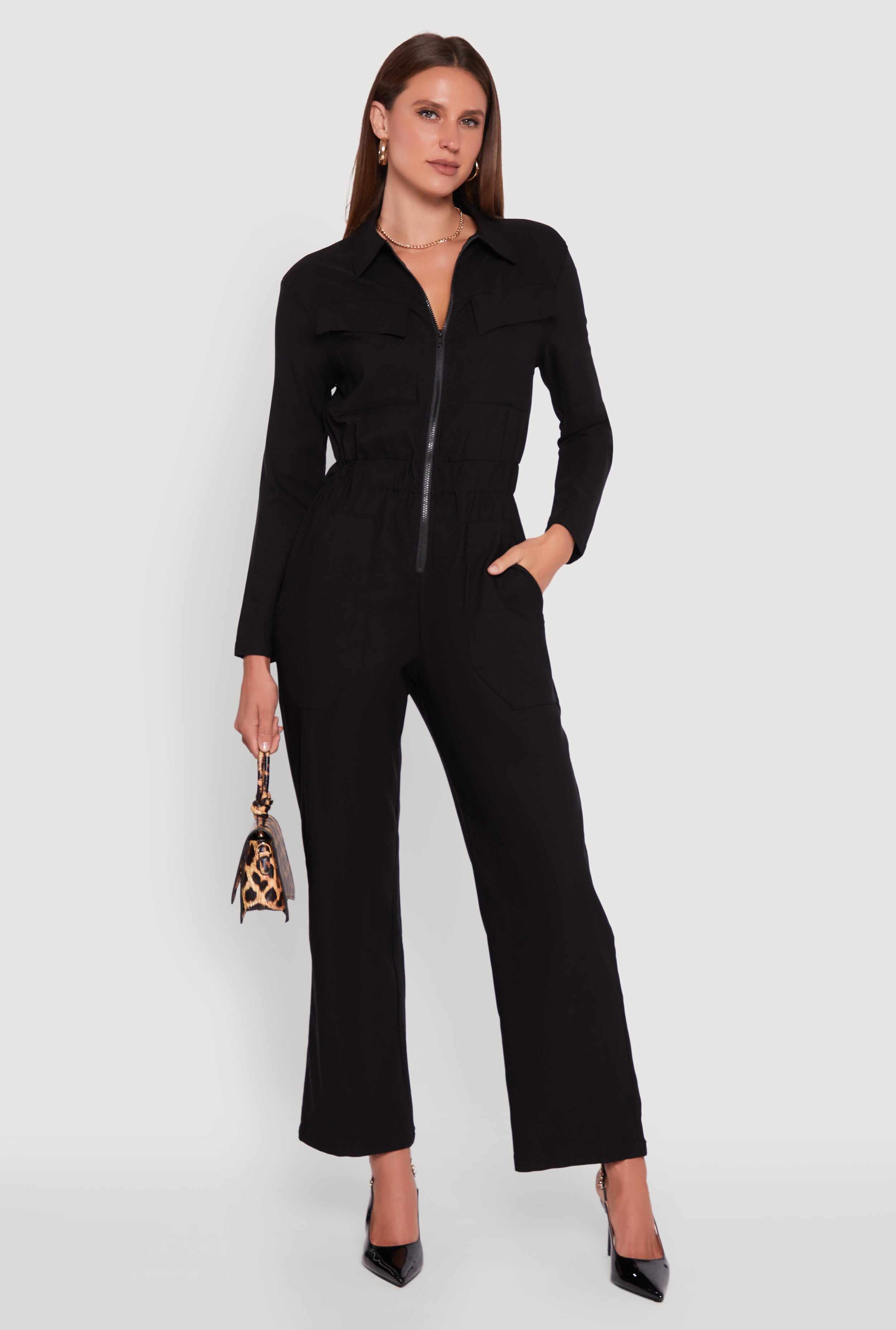 Solid Long Sleeve Collar Jumpsuit with Flap Pockets