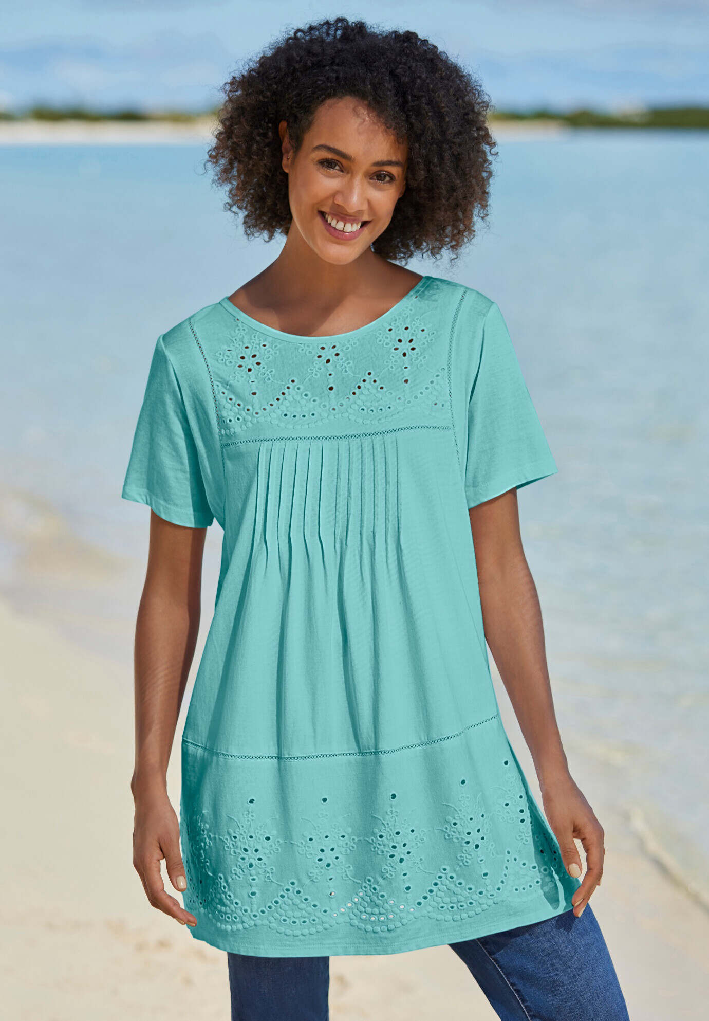 Embroidered Eyelet Pintucked Tunic