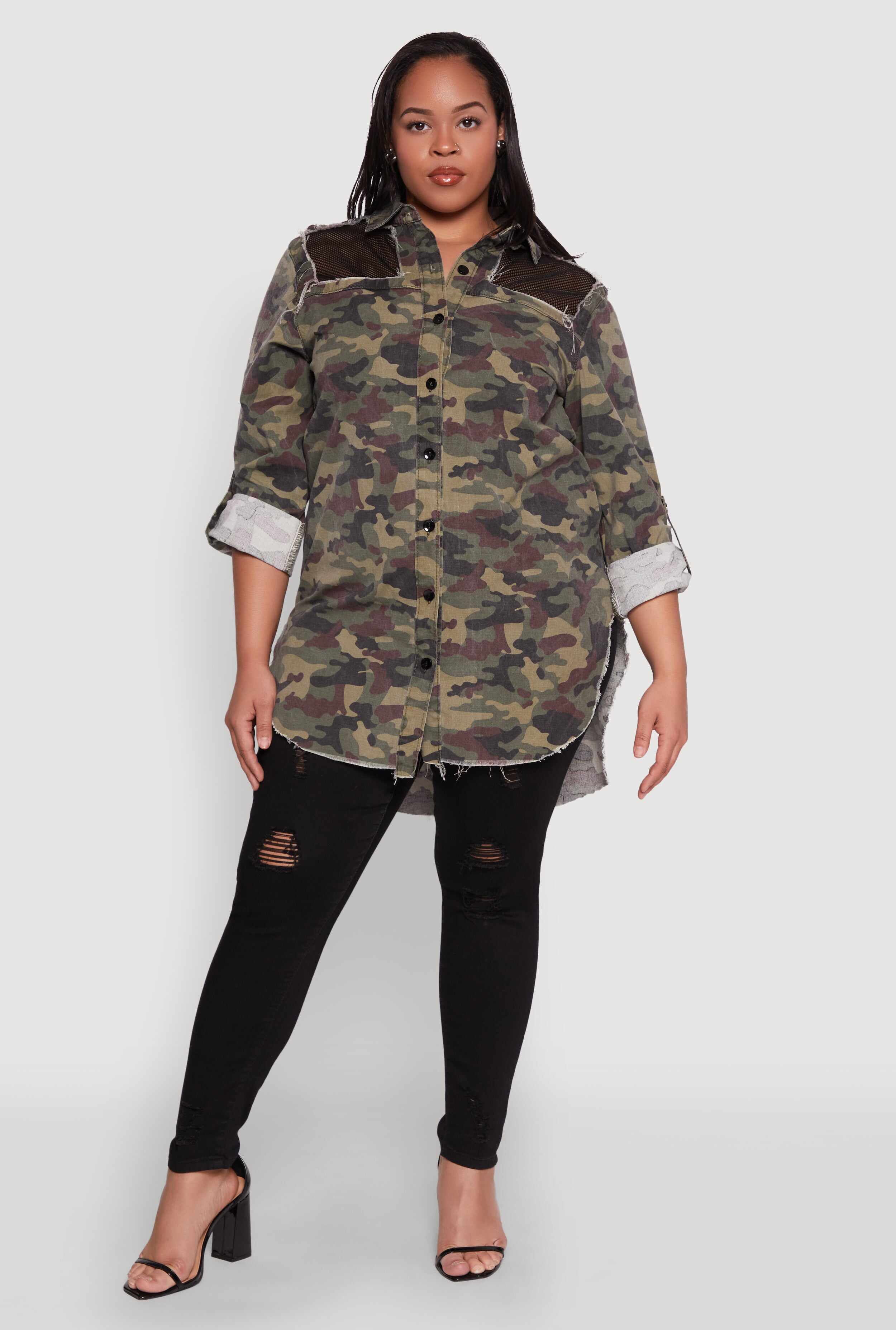 Plus Size Fishnet Detail Camouflage Shirt
