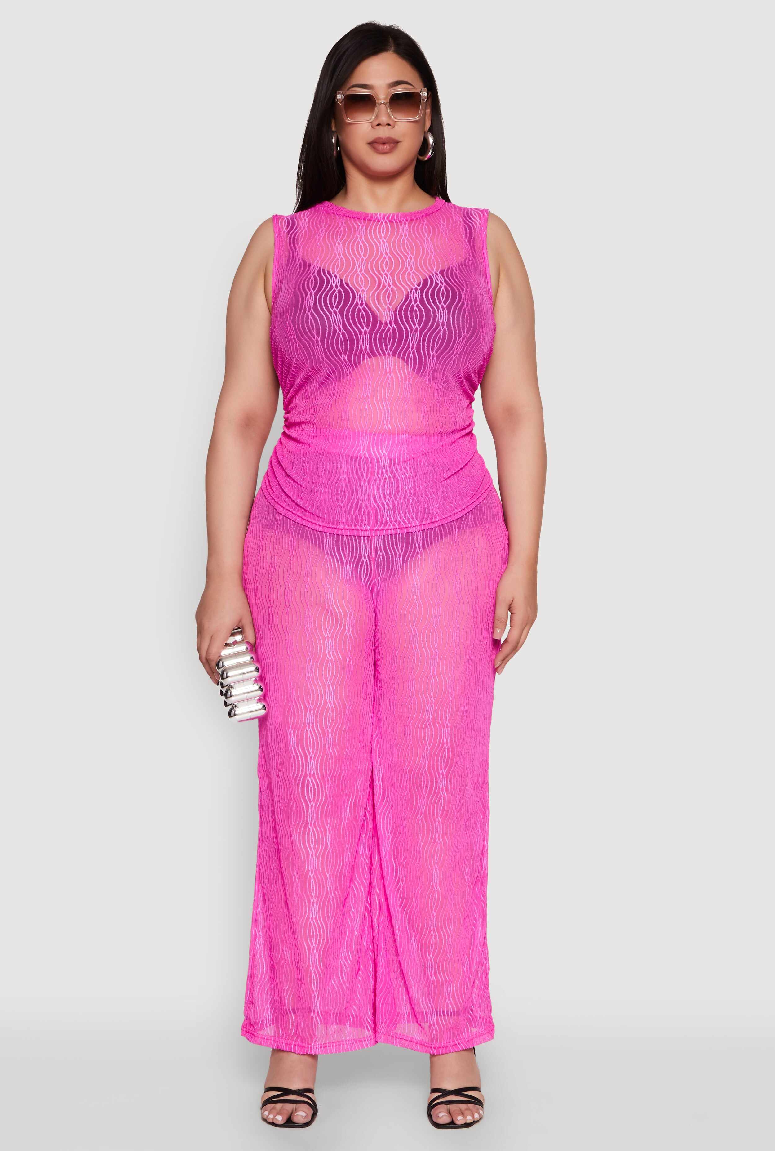 Plus Size Stylish High Waisted Wavy Stripe Mesh Palazzo Pants