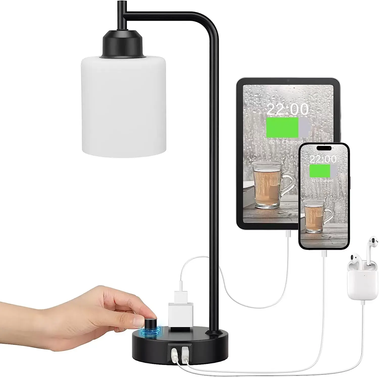 Industrial Bedside Table Lamp for Bedroom - Nightstand Lamps with USB C Charging Port, Fully Dimmable Black Lamps with USB Ports and Outlets, Small Desk Lamp with Glass Shade for Office Living Room