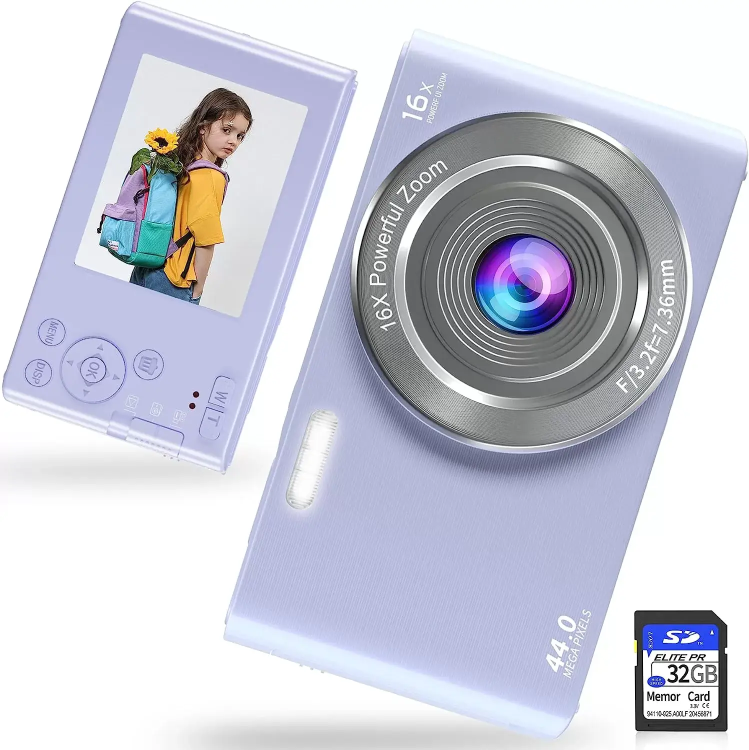 Saneen Digital Camera, FHD 2.7K Cameras for Photography, 44MP Kids Camera Small Compact Digital Camera for Teens, Adults & Beginners with 32GB SD Card, 16X Zoom, Two Rechargeable Batteries-Pink
