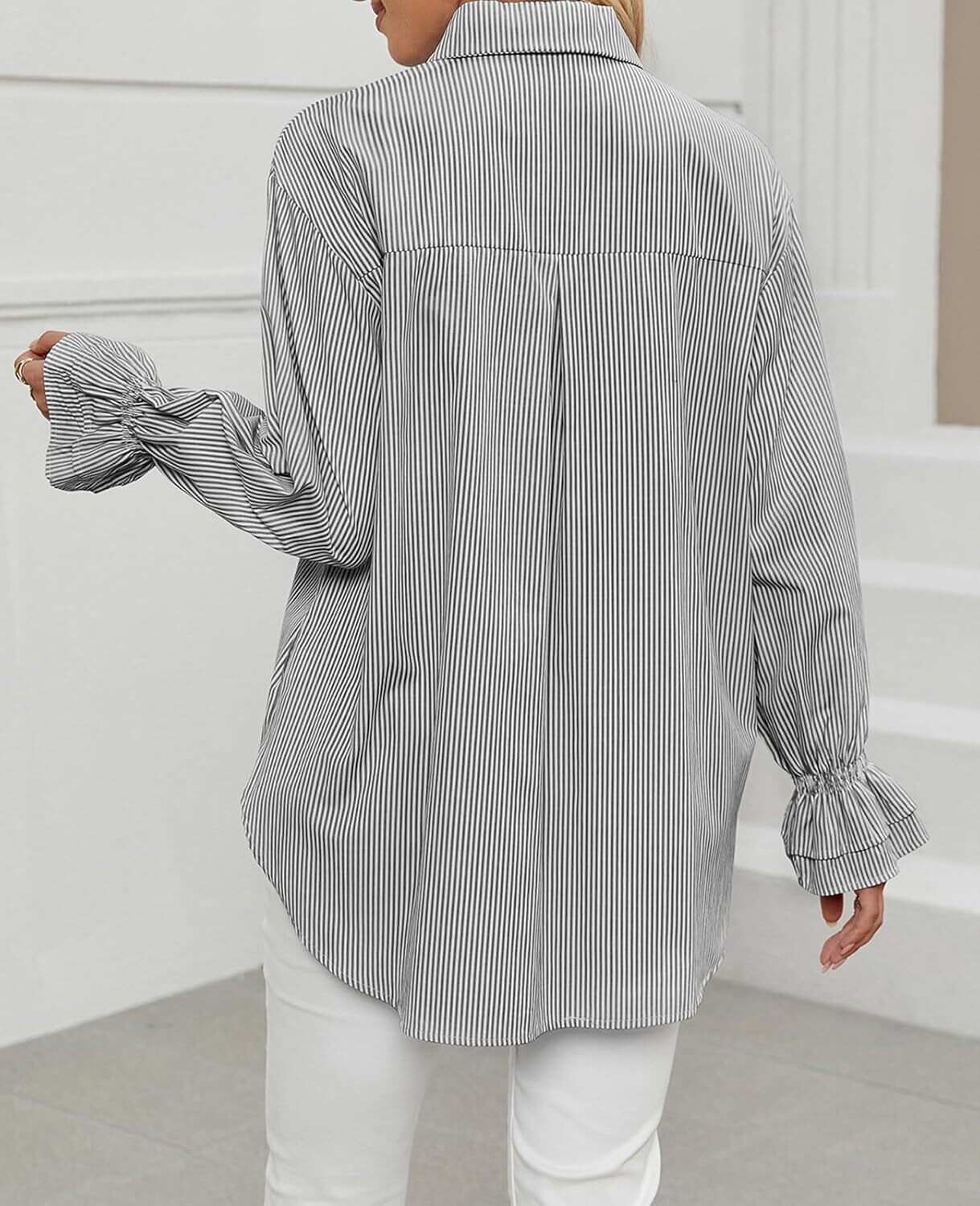 Women's Striped Button Down Shirts Smocked Cuffed Boyfriend Shirt Long Sleeve Blouse Top with 3 Pockets