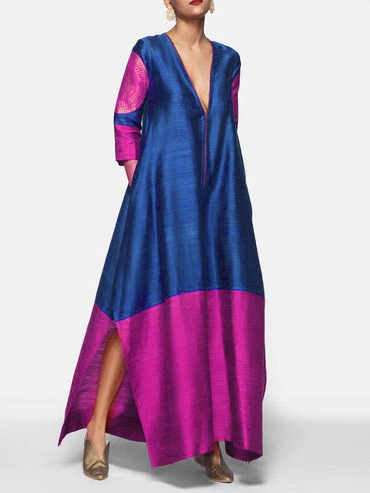 Elegant Color Block Deep V-Neck 3/4 Sleeve Split Maxi Dress