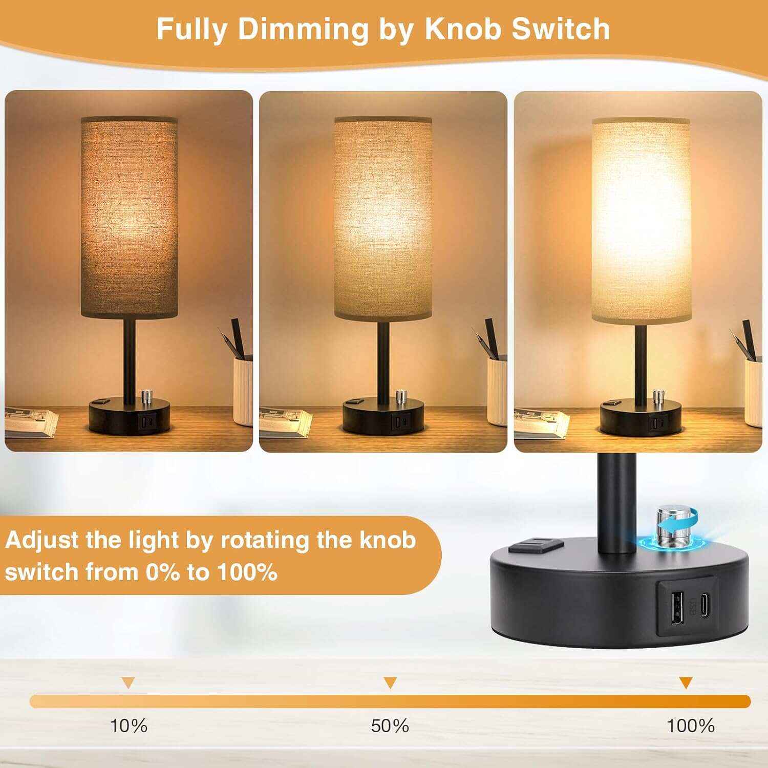 Bedside Table Lamp for Bedroom - 3 Way Dimmable Touch Lamp USB C Charging Ports and AC Outlet, Small Lamp Wood Base Round Flaxen Fabric Shade for Living Room, Desk, LED Bulb Included