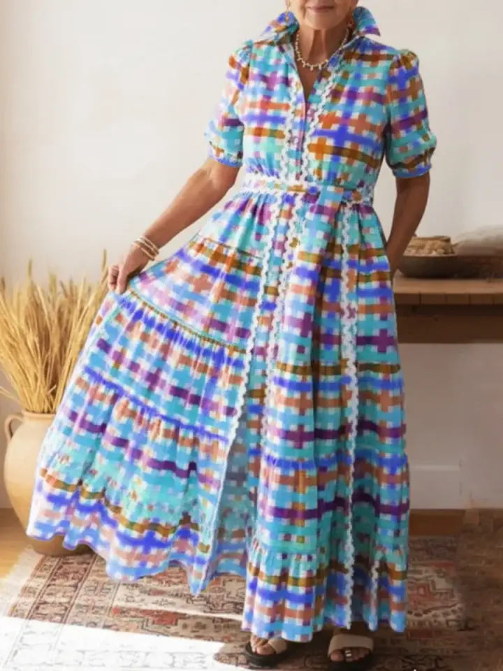 🔥Summer Arrivals🌟Colorful Square Art Print Collared Shirt Dress