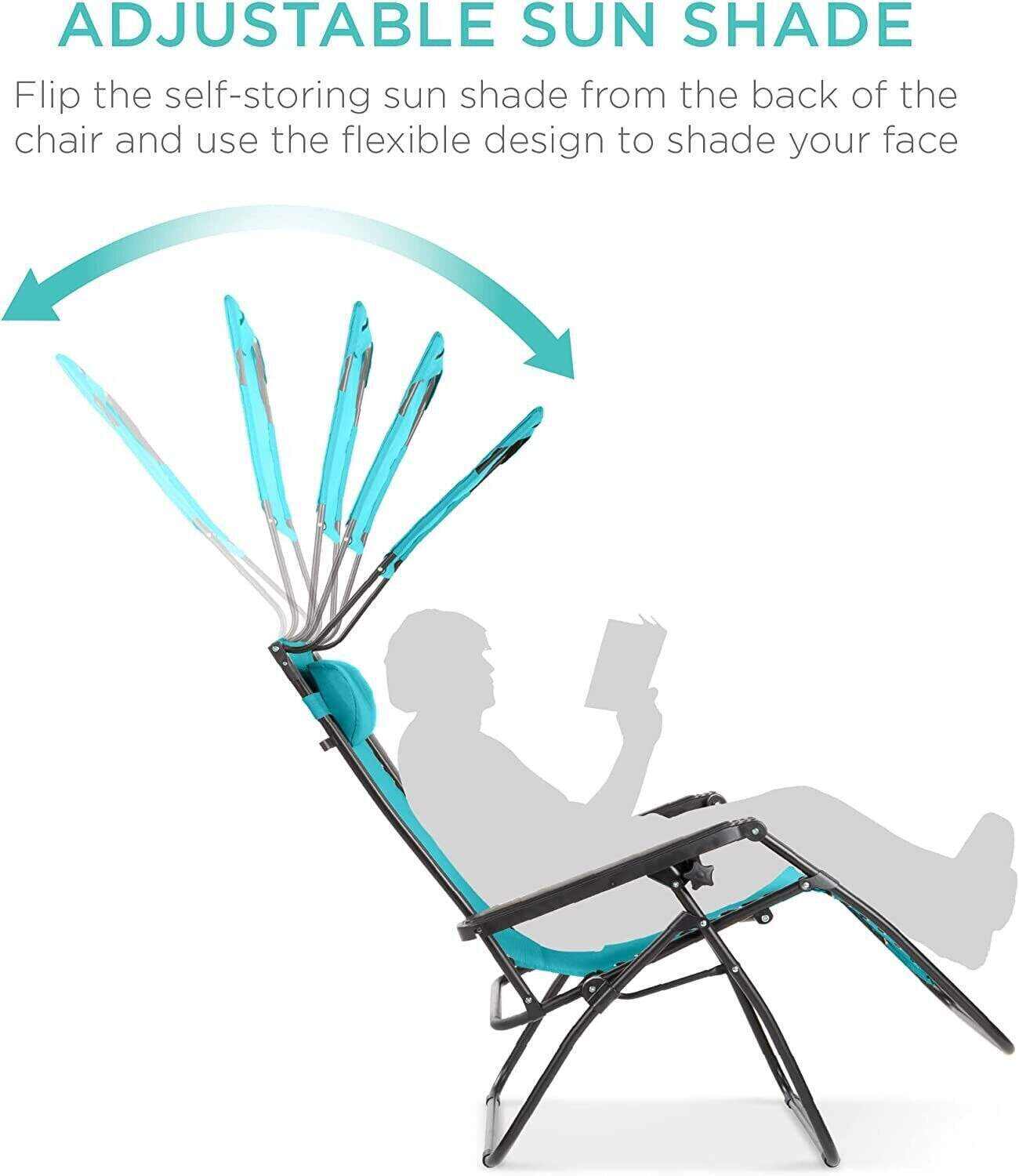 Folding Zero Gravity Recliner Patio Lounge Chair w/Adjustable Canopy Shade, Headrest, Side Accessory Tray, Textilene Mesh - Beige