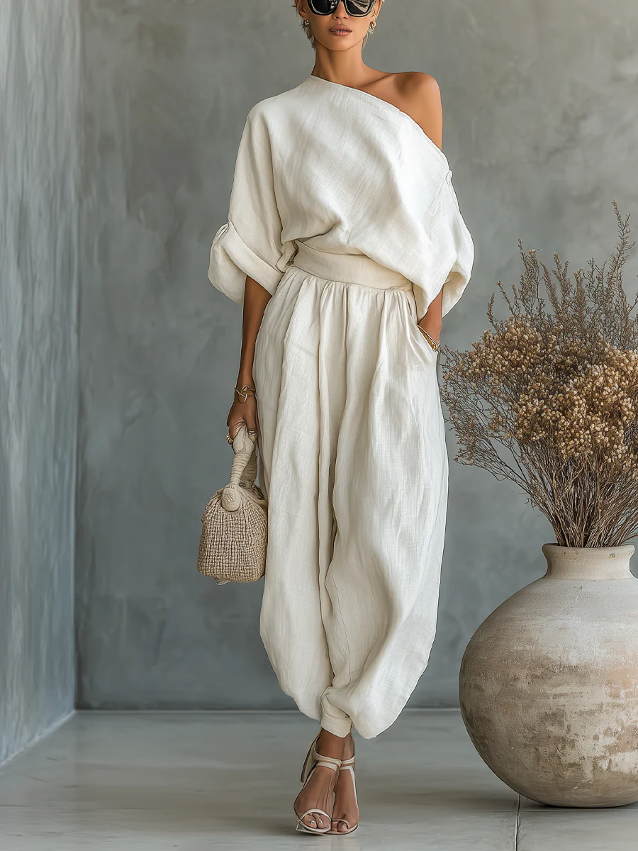 Off-white Linen Off-shoulder Loose Casual Top And Tapered Pants Set