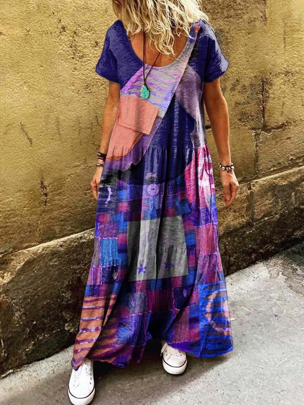 Women's Patchwork Pattern Art Print Pocket Short Sleeve Cotton Dresses