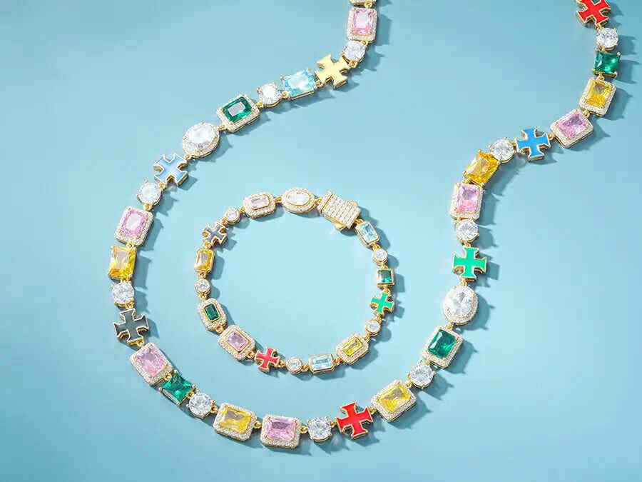 TestTest 10mm S925 Moissanite Enamel Cross Colorful Gemstone Tennis Chain