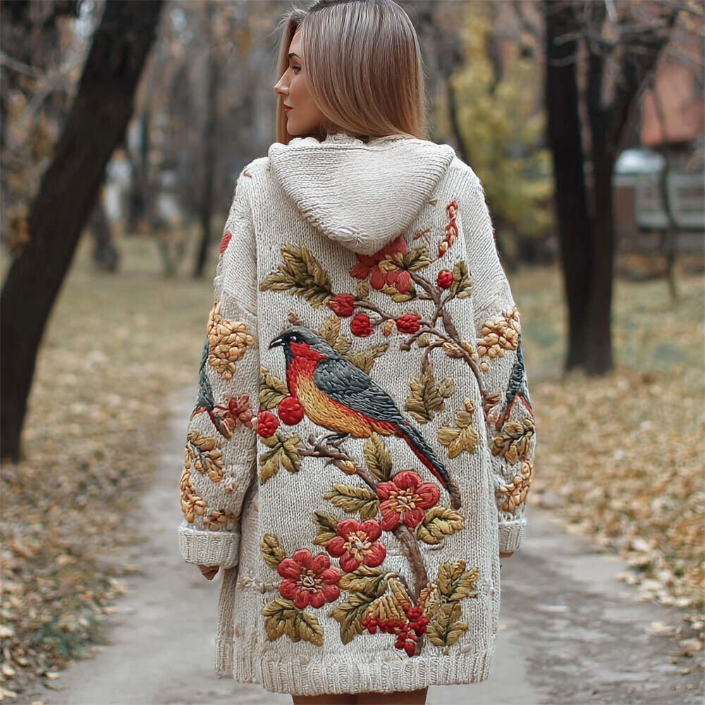 Vintage Bird & Flower Embroidery Women's Knit Hooded Cardigan
