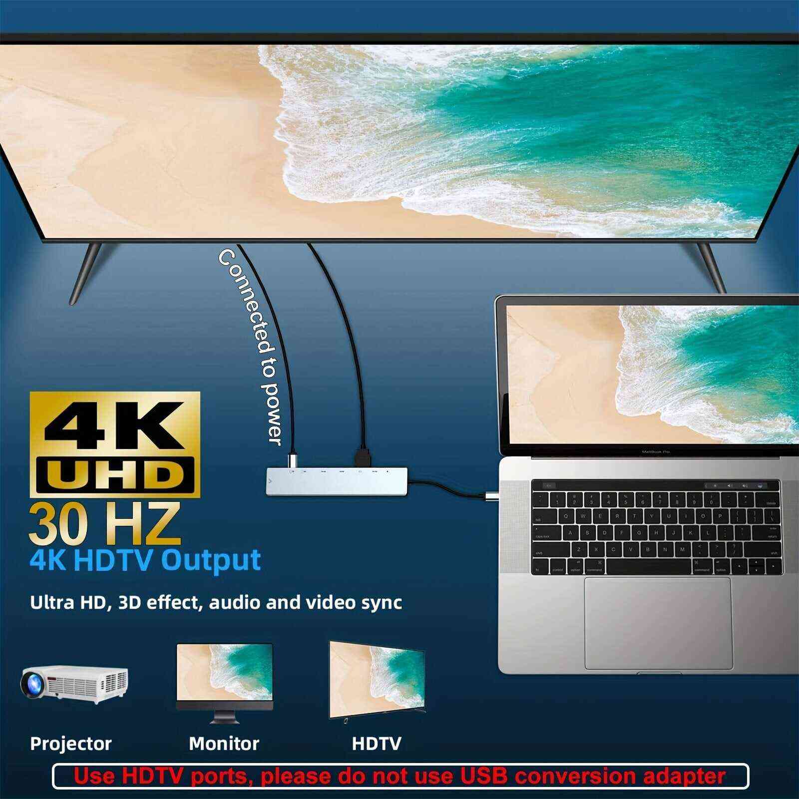 8 In 1 USB C HUB, USB C Adapter With 4K HDTV, 100W PD, USB C Port, USB 3.0,USB 2.0,RJ45 Ethernet, SD/TF Card Reader, Docking Station Compatible For MacBook Pro/Air USB C Laptops And Other Type C Devices