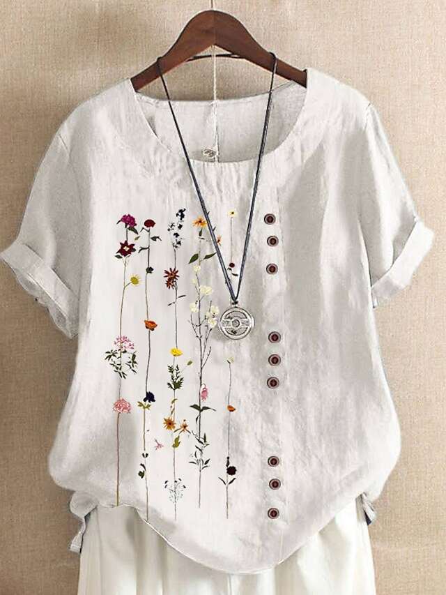Women's Shirt Blouse White Pink Blue Floral Print Short Sleeve Holiday Casual Round Neck Regular Linen Floral S