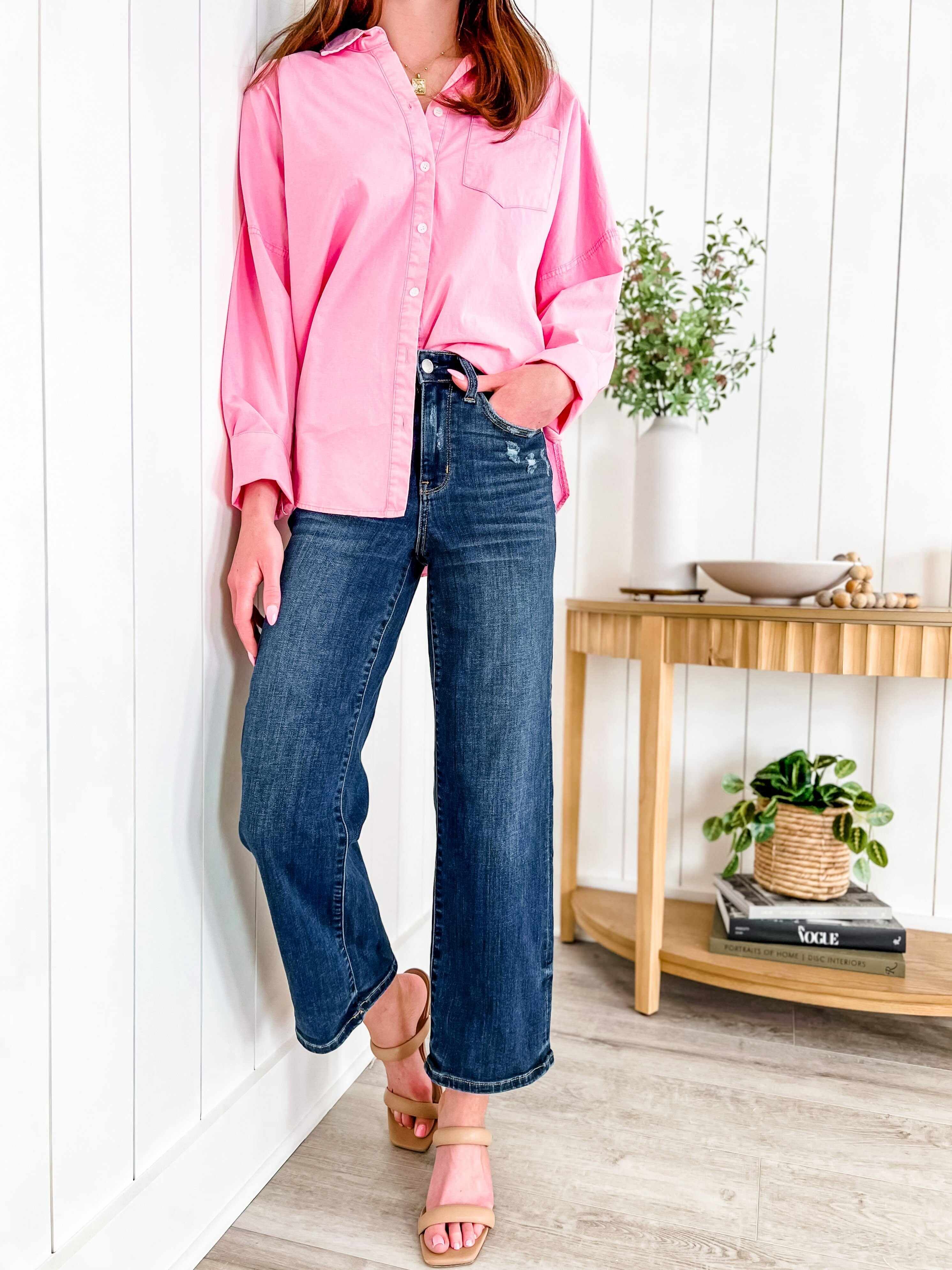 True Obsession Dark Wash Destroyed Pocket Wide Leg Jeans