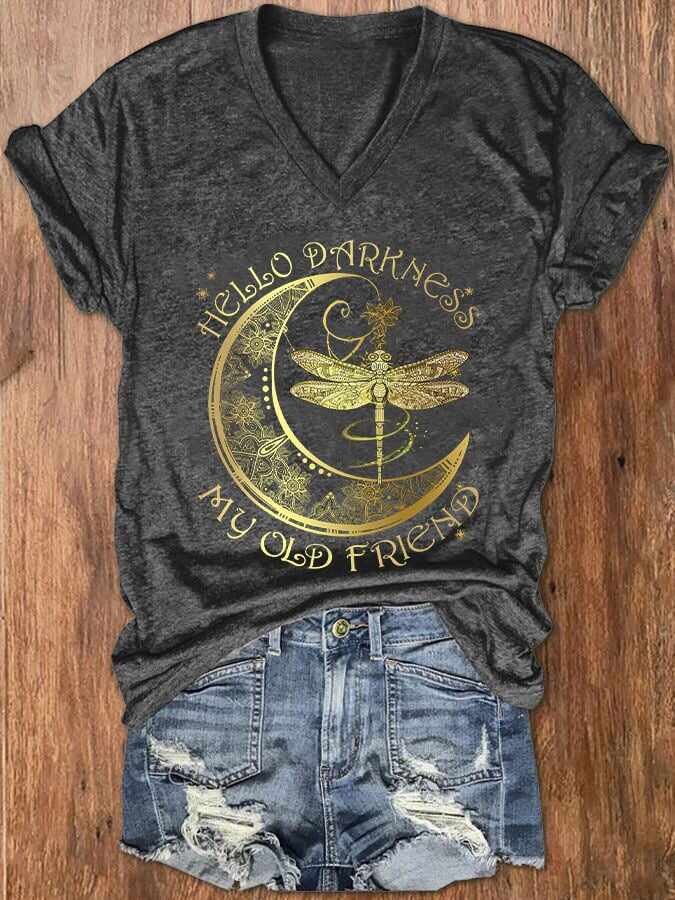 Women's Hippie Hello Darkness My Old Friend Printed V-Neck T-Shirt