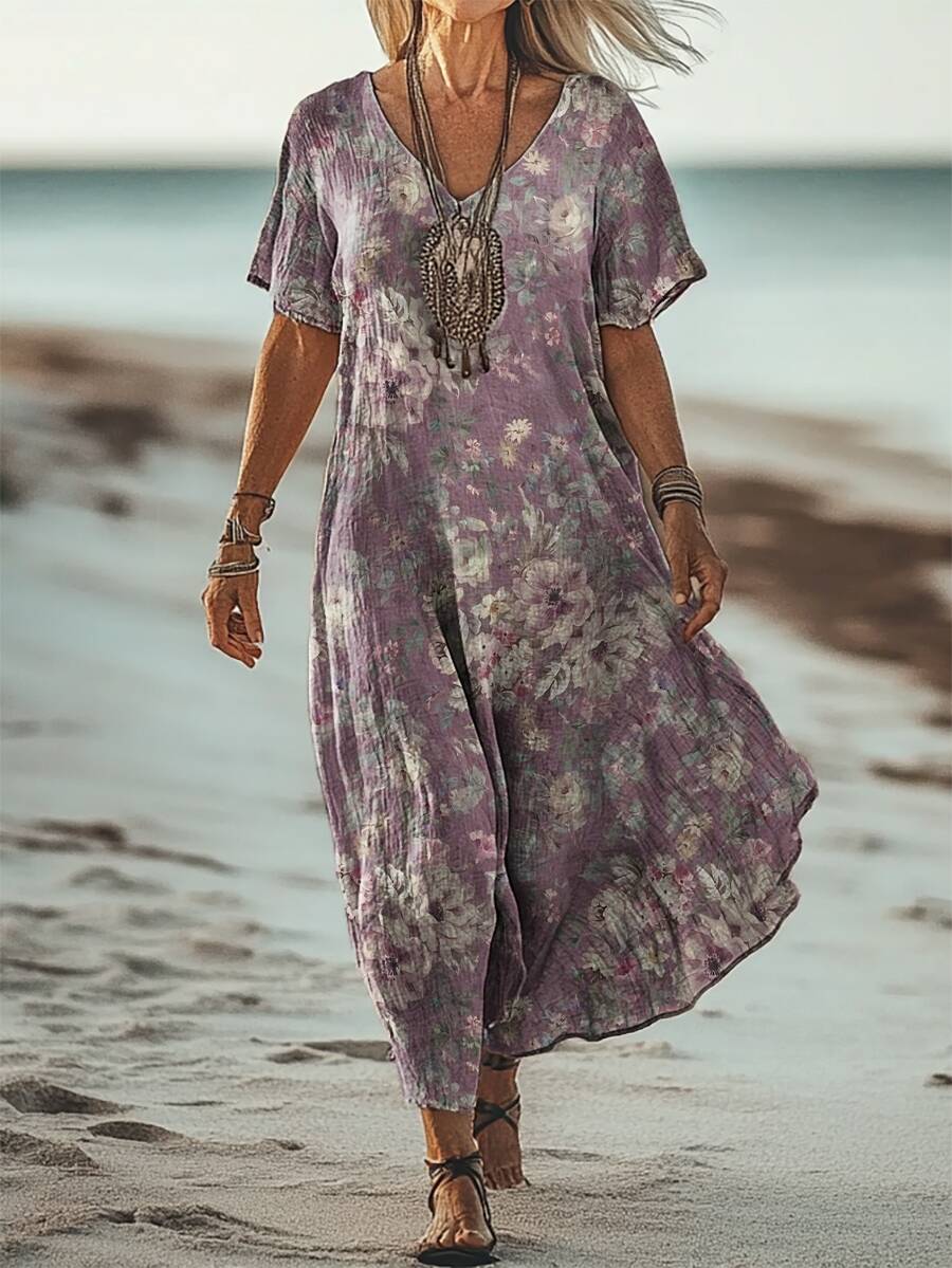 Women's Floral Print Flowy Pocket Cotton Dress
