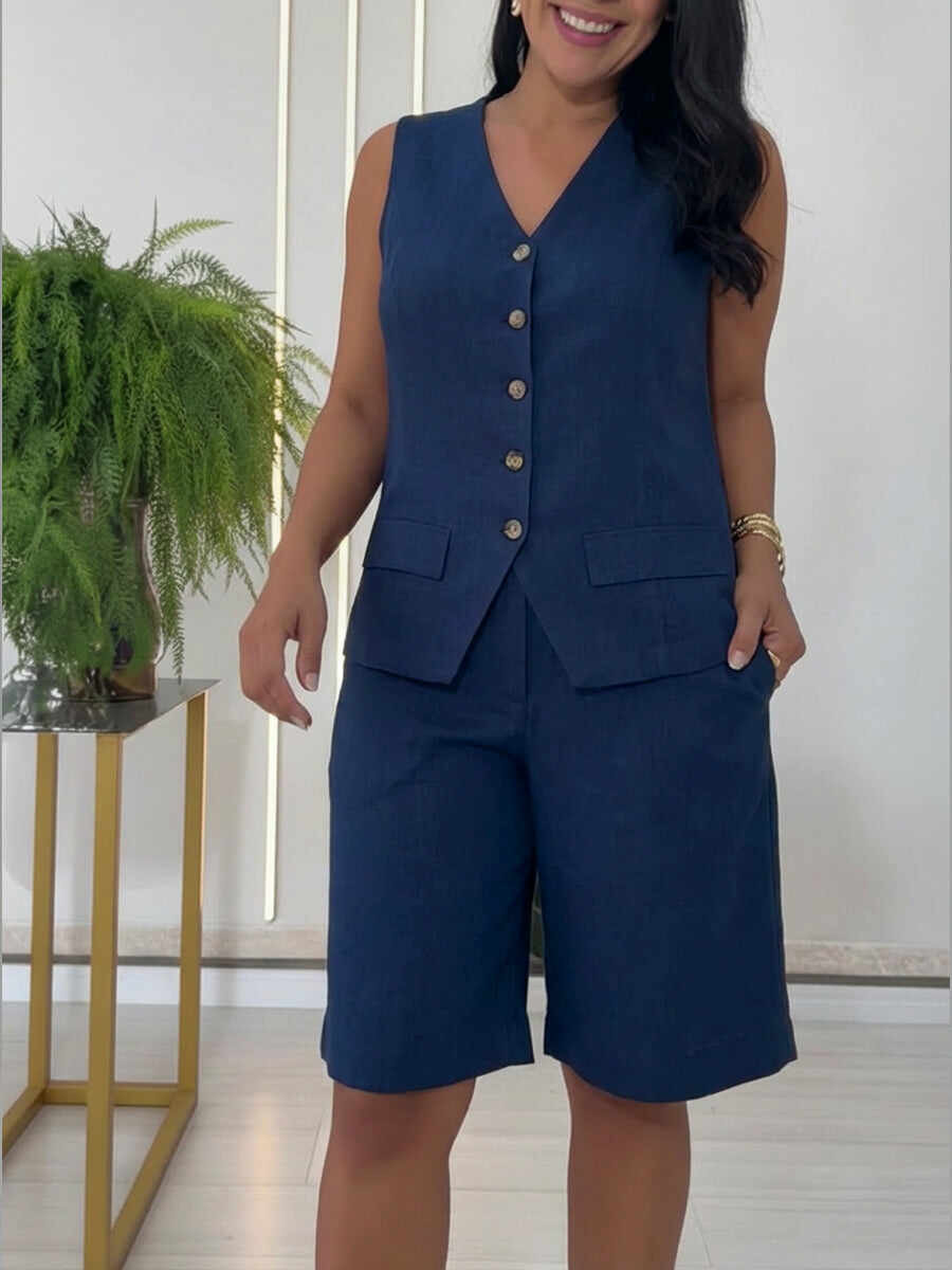 🔥Summer Arrivals🌟Casual Linen And Cotton Vest And Bermuda Shorts Two-piece Set