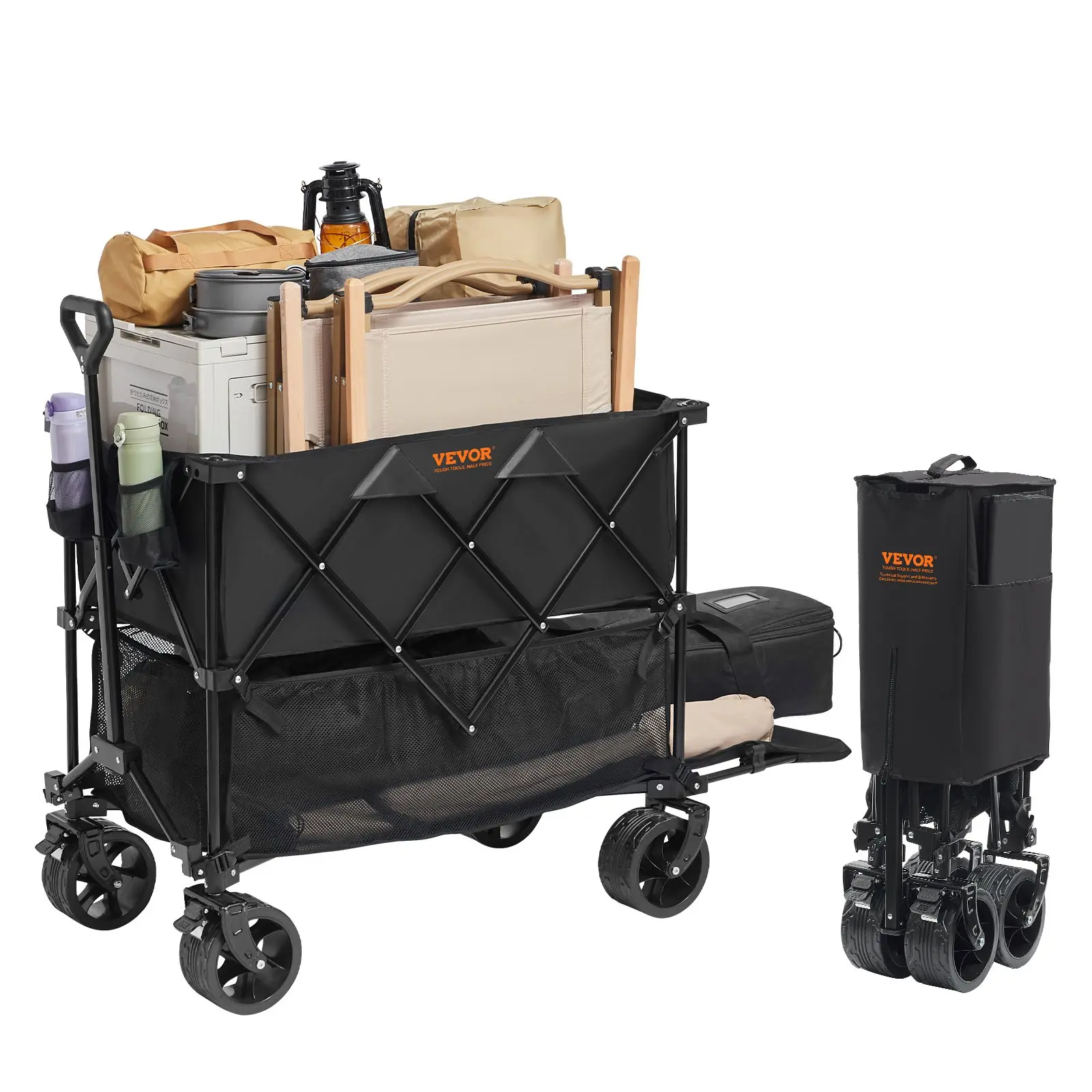 Foldable Double Decker Wagon, Collapsible Wagon Cart with All-Terrain Wheels, Heavy Duty Folding Wagon Cart for Camping, Shopping, Garden, 52