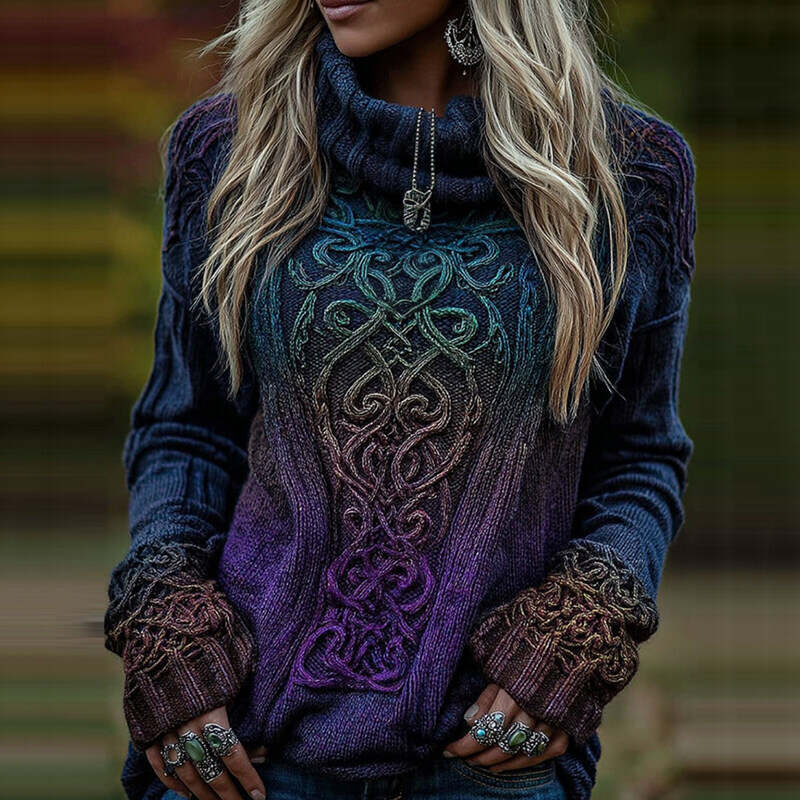 Women's Viking Celtic Knot Art Gradien Turtleneck Cozy Knit Sweater