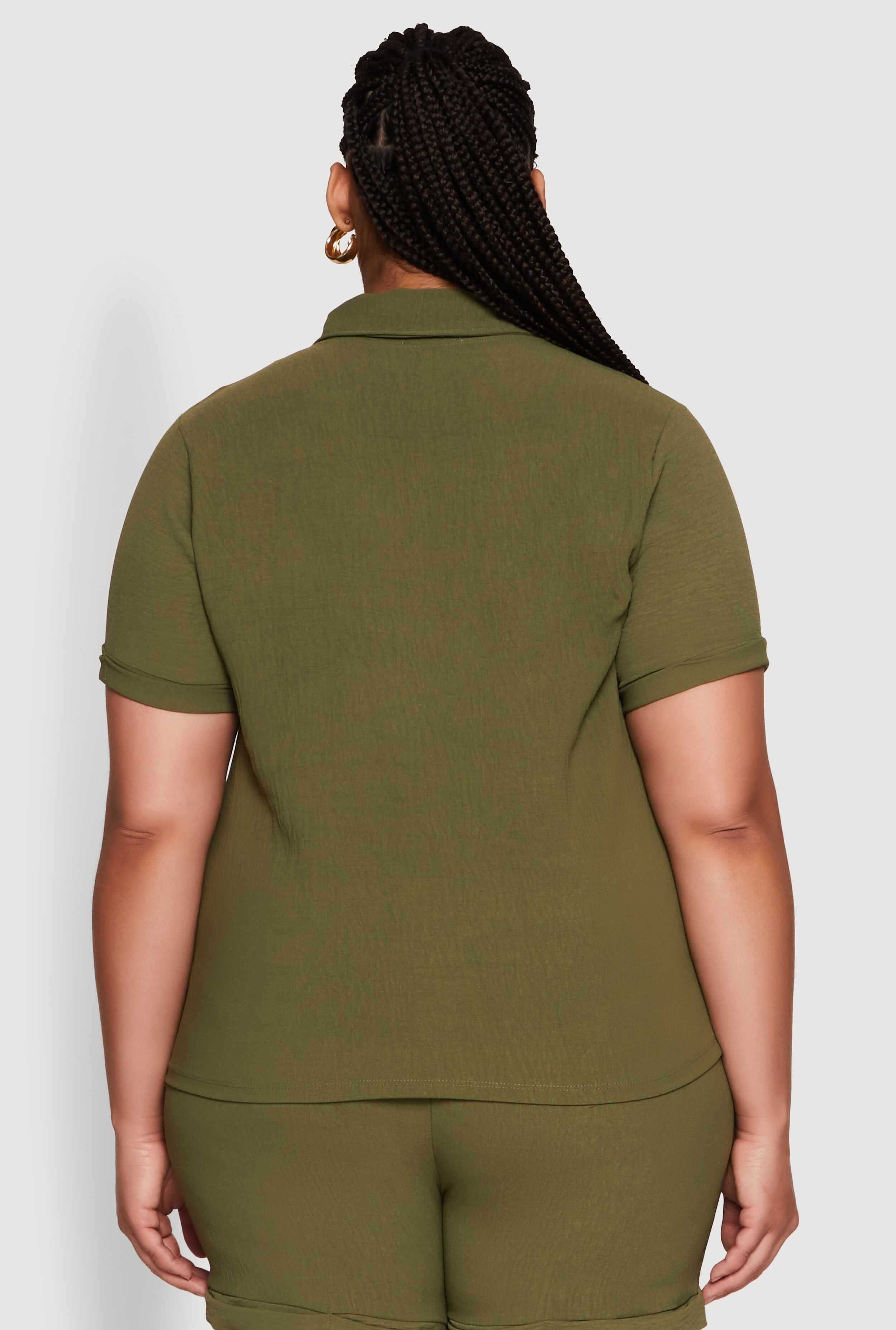 Plus Size Crepe Knit Cargo Pocket Button Front Shirt