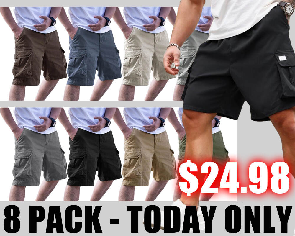 🔥Men's 8-Pack Plus Size Solid Flap Pocket Cargo Shorts