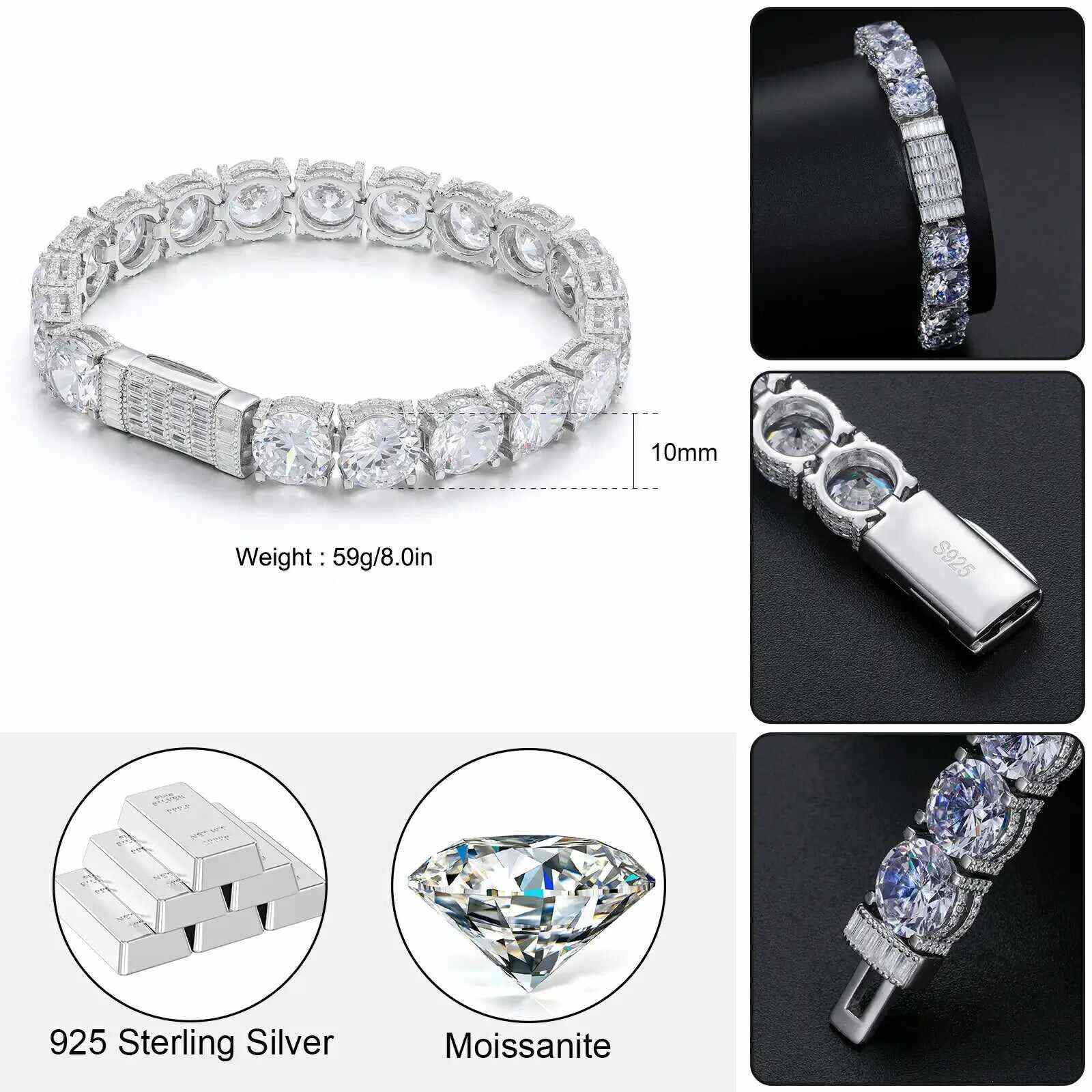 TestTest 10mm S925 Moissanite Iced Out Tennis Bracelet
