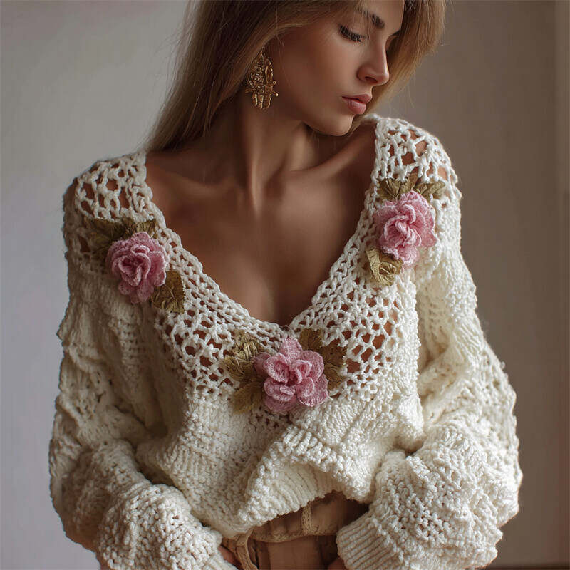Vintage Pink Floral Fiber Art Lace Crochet Cozy Sweater