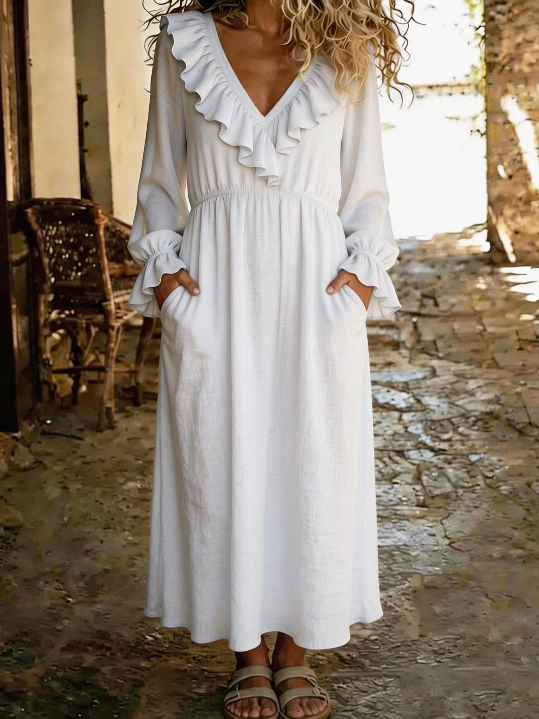 🔥Summer Arrivals🌟Women's Casual V-neck Ruffled Cotton Linen Dress
