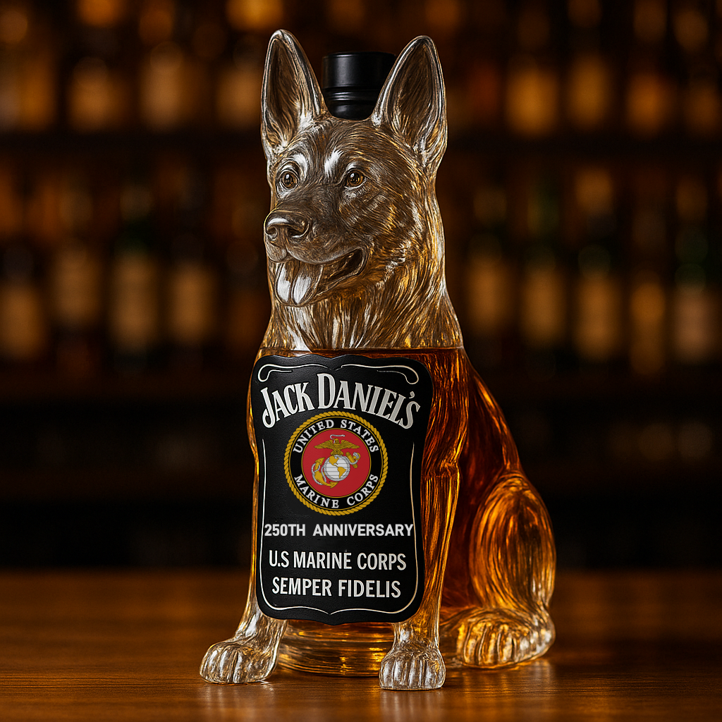 USMC 250th Anniversary German Shepherd Whiskey Bottle