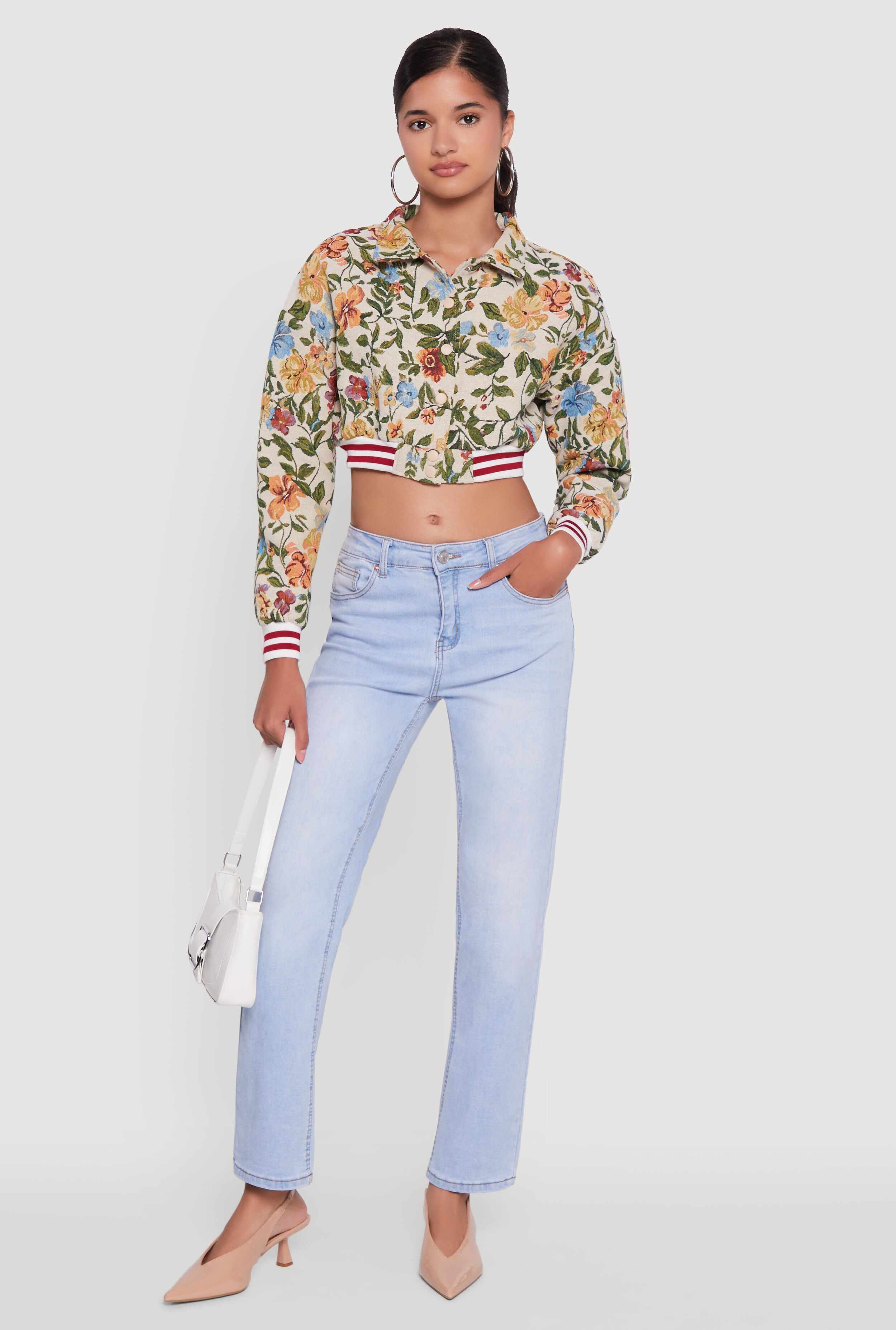 Floral Embroidered Jacquard Jacket with Varsity Stripes